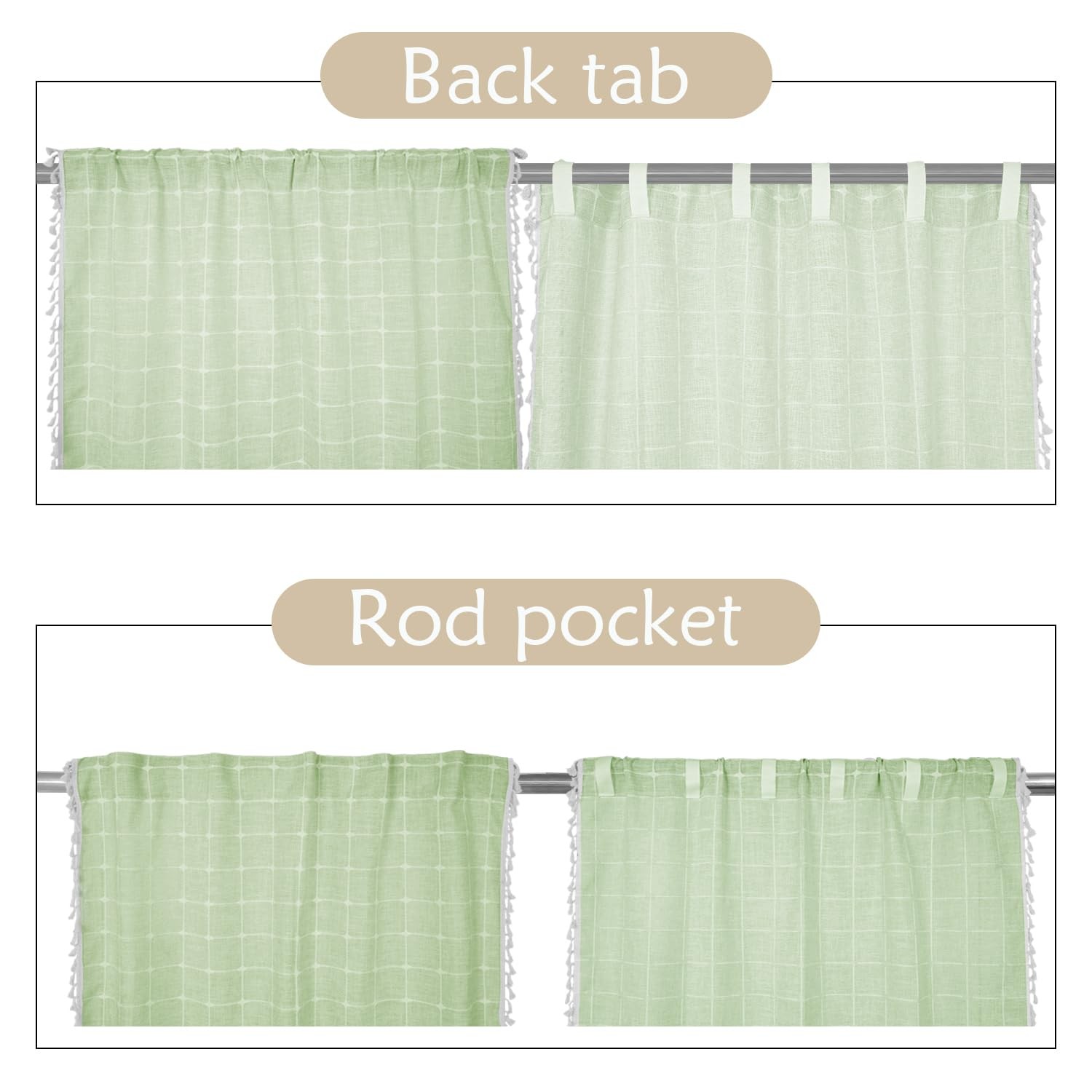 107x160cm Boho Striped Pole Pocket Curtain with Tassel Green Check…