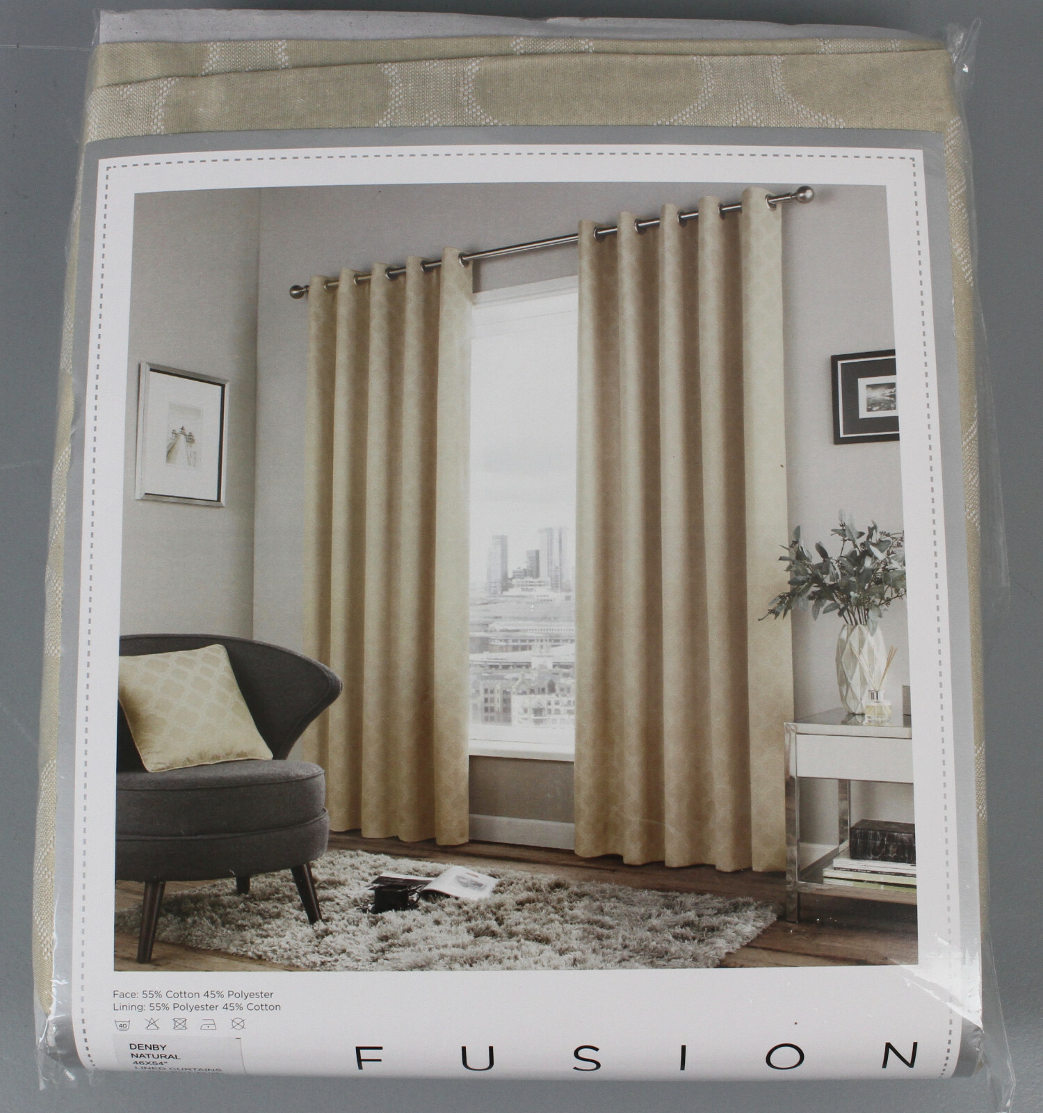 Fusion Curtain Set Geometric Pattern Curtain Eyelet Natural 117 x 137cm W13-SA3