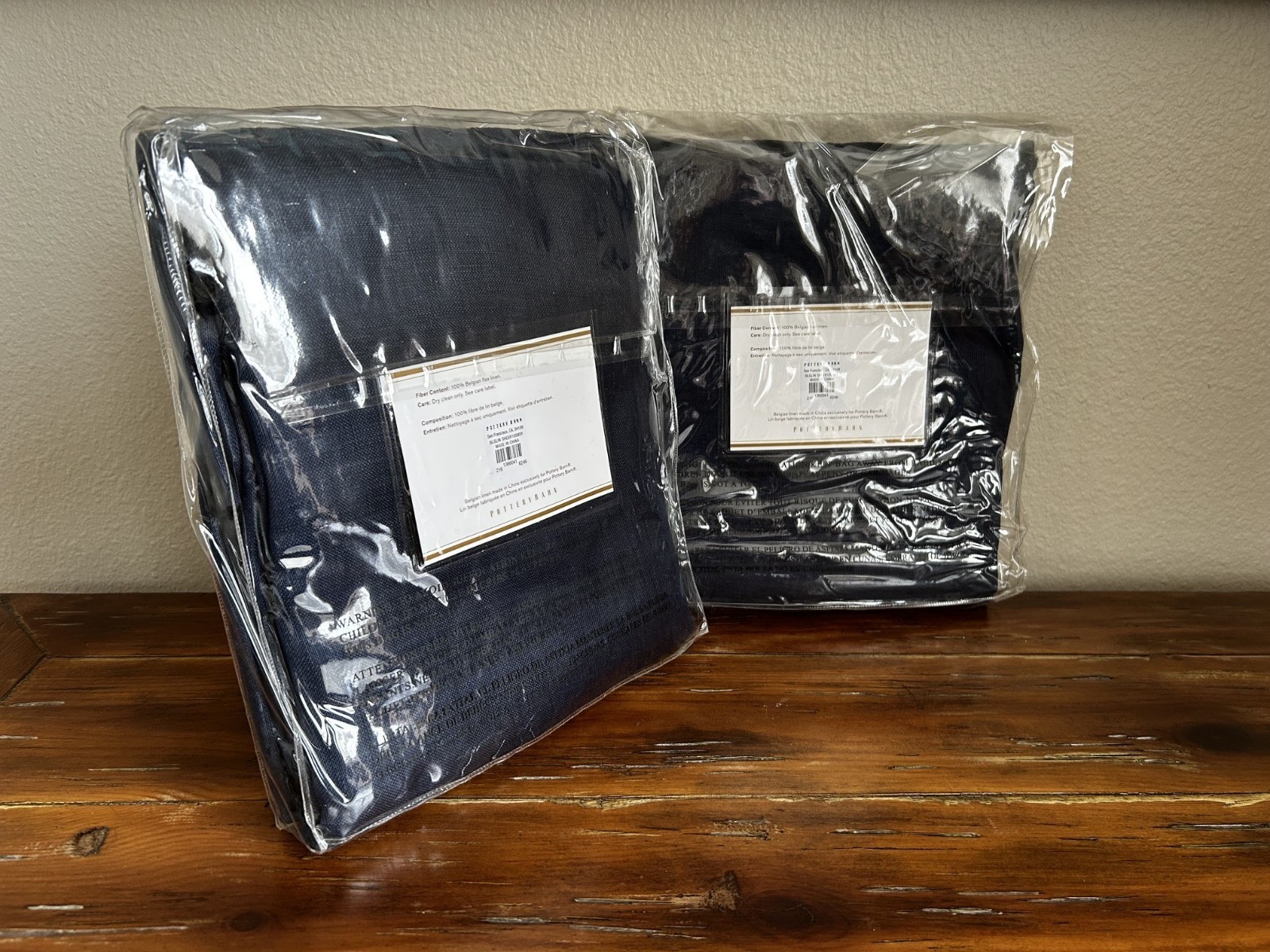 Pottery Barn Belgian Flax Linen Sheer Pole Top Drapery Panel Pair Navy 50 x 108