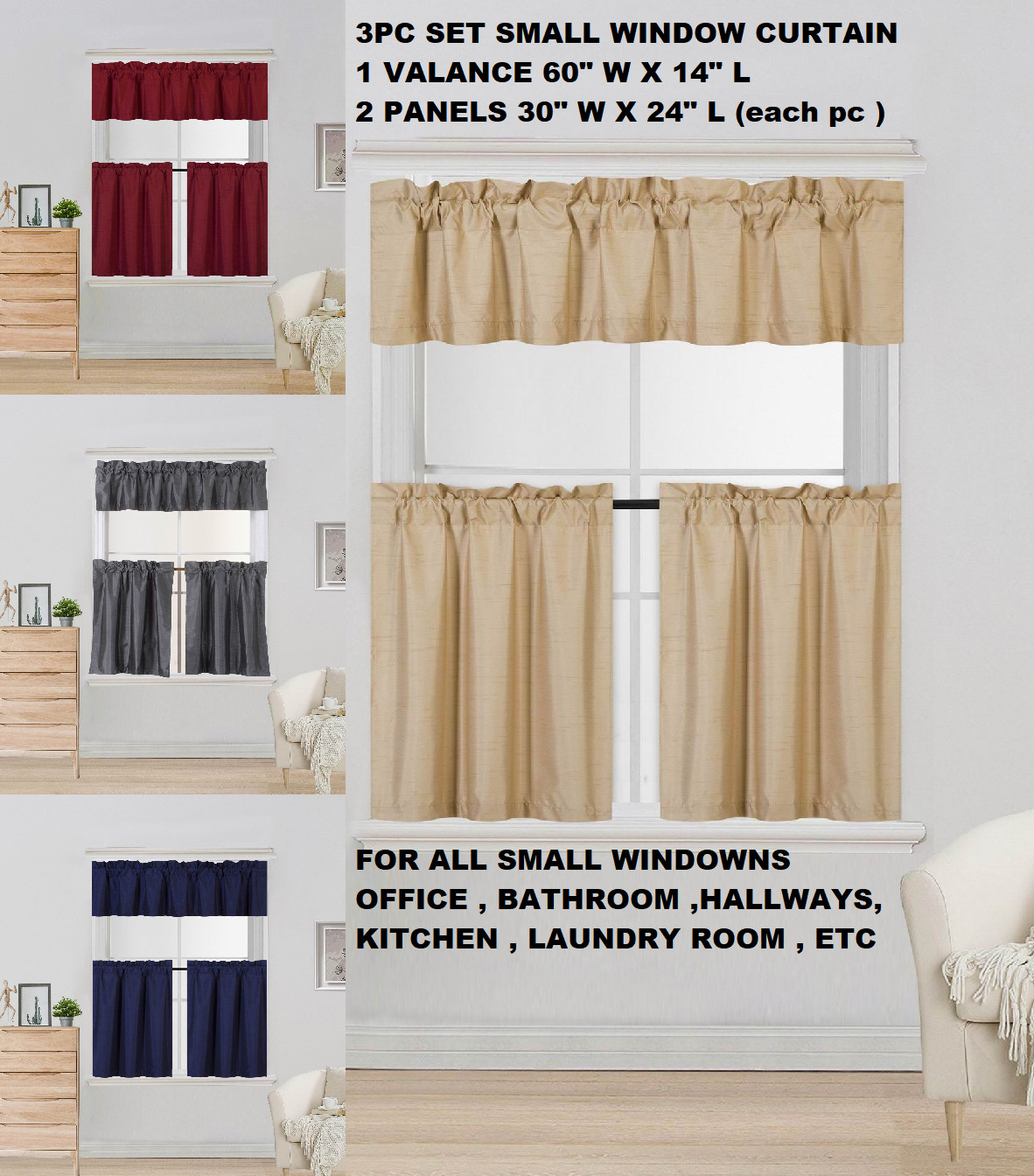 COMPLETE SET LINED BLACKOUT WINDOW KITCHEN CURTAIN SOLID TREATMENT 24″ LENGTH K4