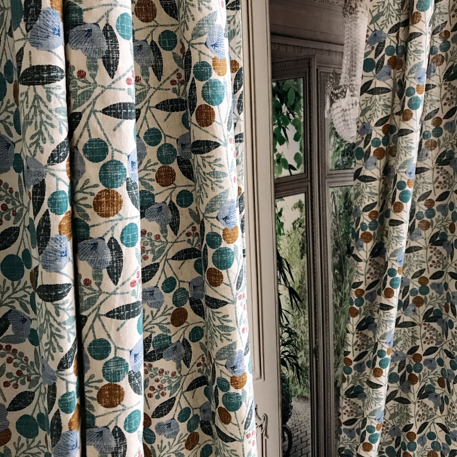 Modern Vintage Handmade Teal Cherry Blossom Pattern Natural Beige Curtain Panels