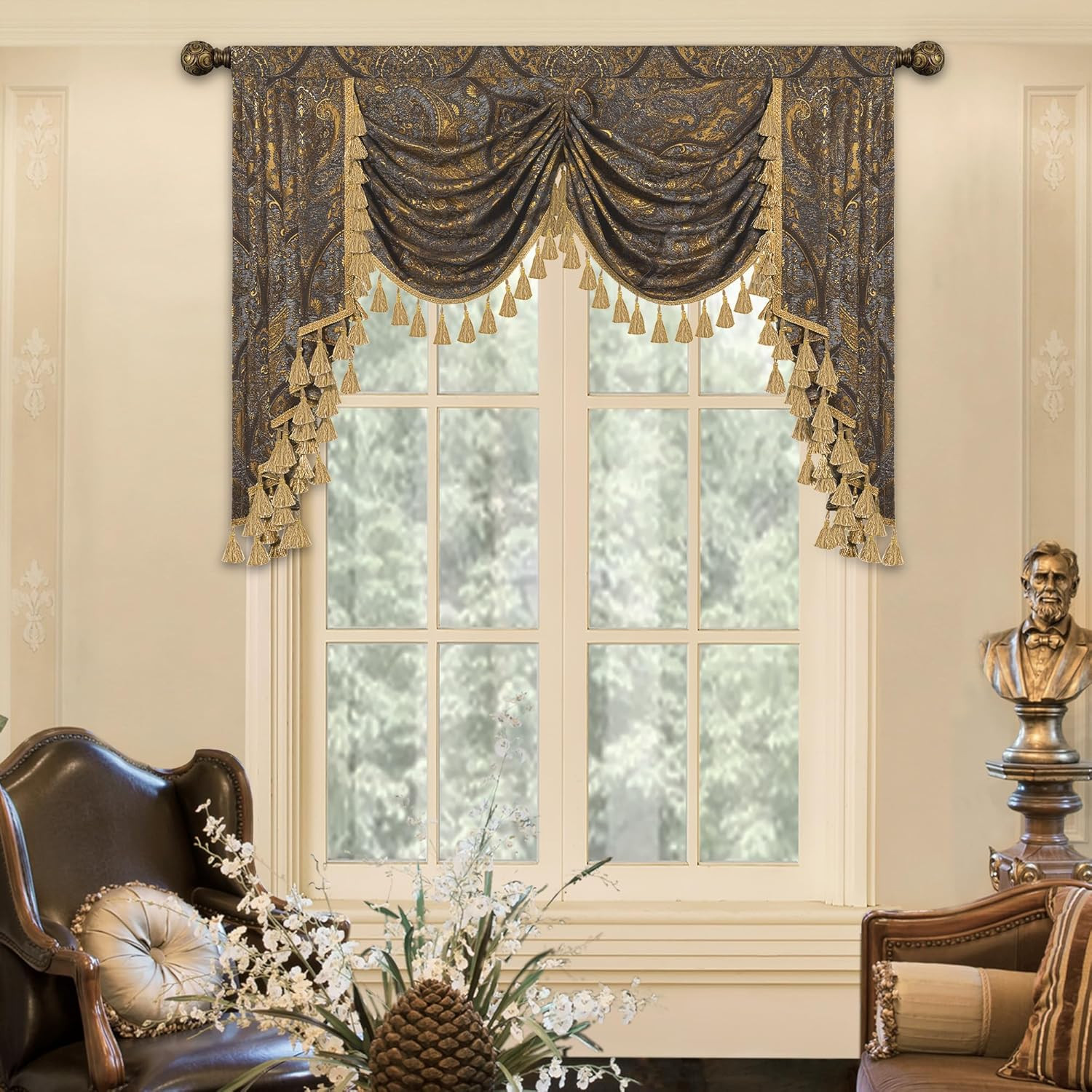 Luxury Jacquard Waterfall Valance for Living Room, Classic Antique Swag Window V