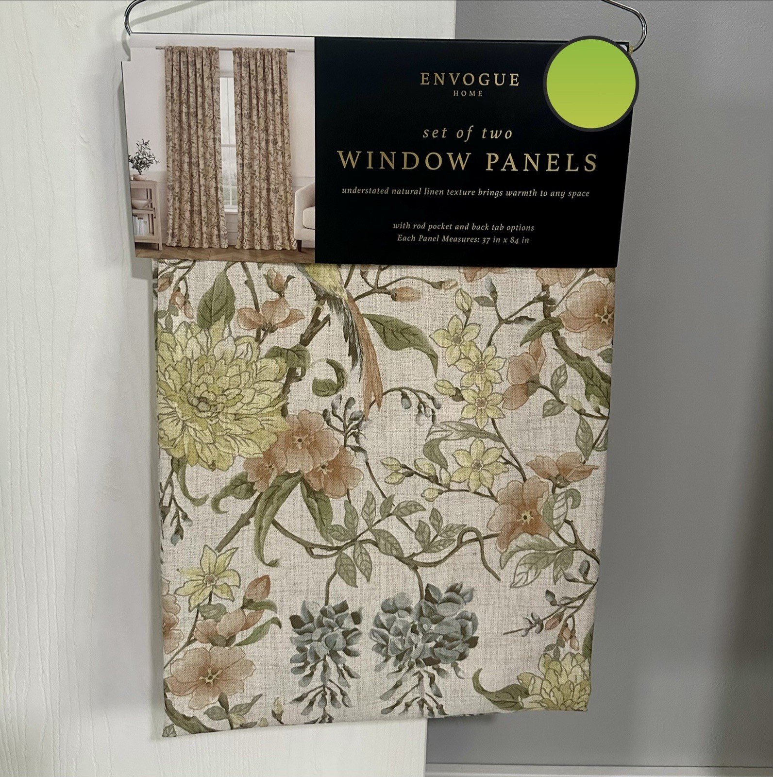 2 ENVOGUE Window Curtains 2 Panels Beige 37” x 84” Each Flowers Birds Floral NWT