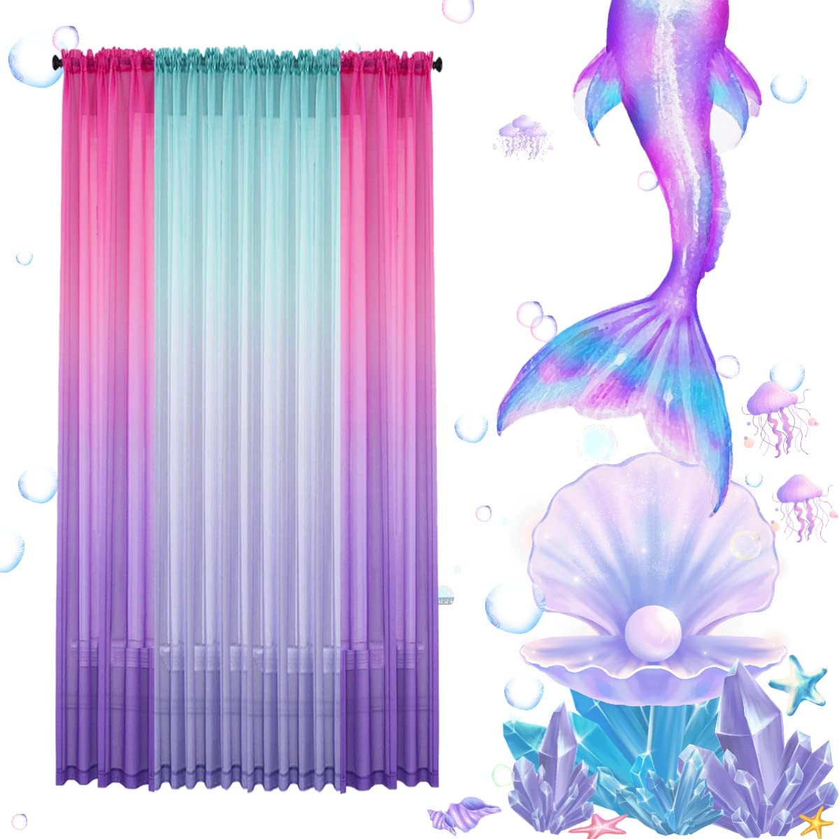 2 Panel Ombre Sheer Curtains 40×63 Pink Purple Rod Pocket Girls Bedroom Drapes