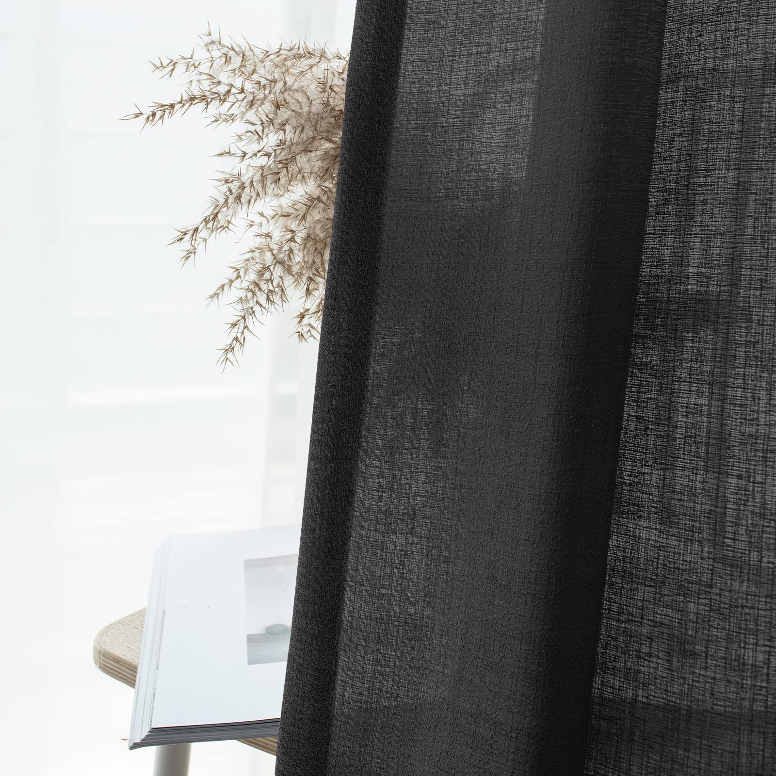 Melodieux Black Semi Sheer Curtains 84 Inches Long For Living Room Bedroom Flax