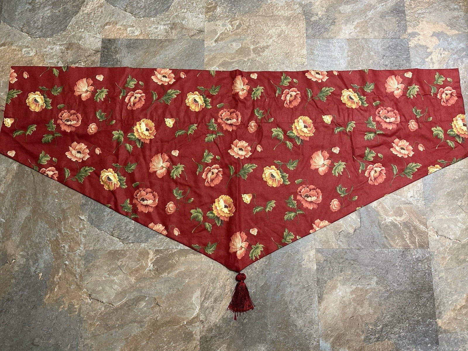 Waverly-Ascot Valance-w/Tassel-Burgandy-w/All Over Large Florals-Lined-52 X 22-