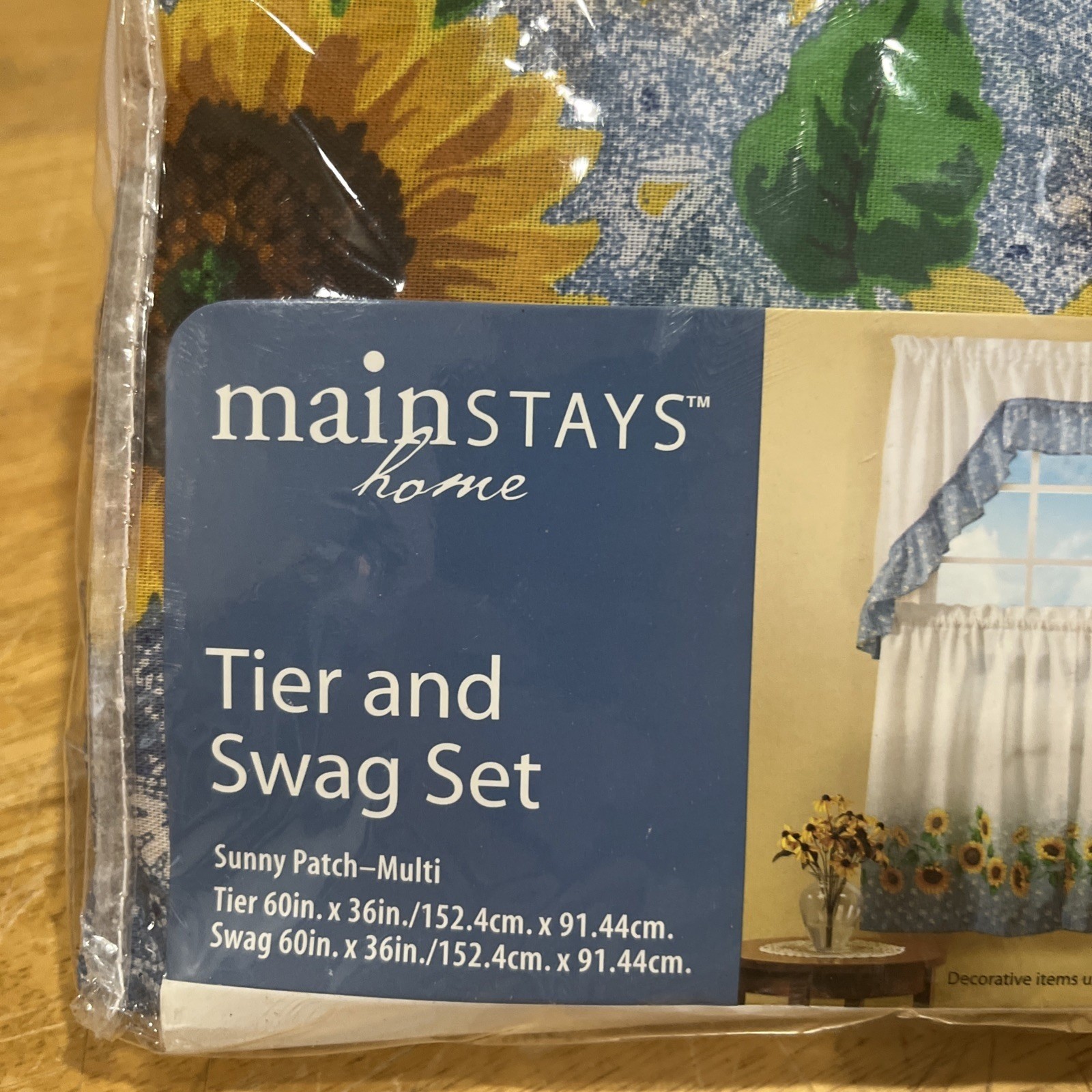 Mainstays Sunflower Blue Patch Tier & Swag Set Kitchen Vtg Curtains 60×36″