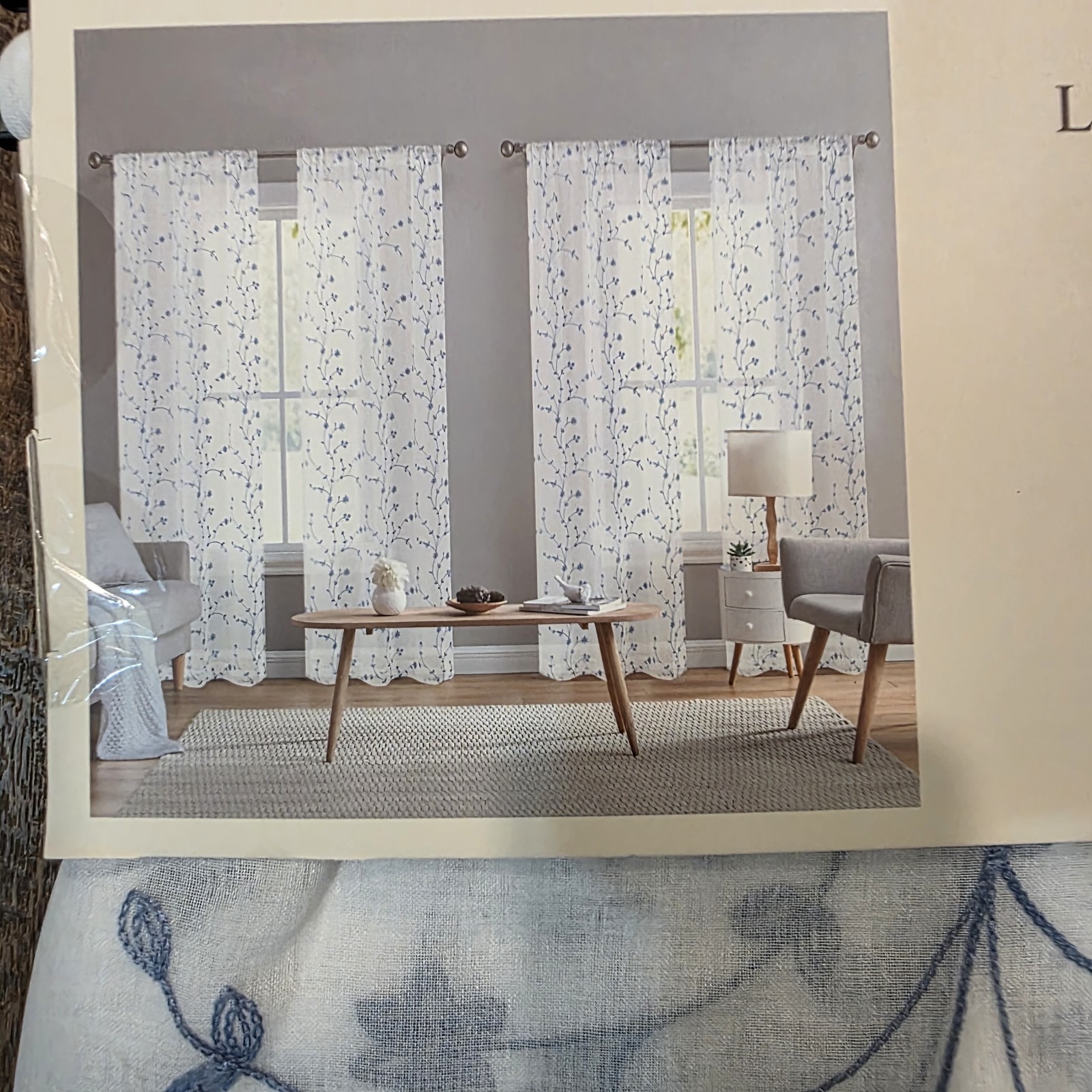 Laura Ashley Sheer Curtains Set of 4 38×96 Blue Floral Embroidered Panels