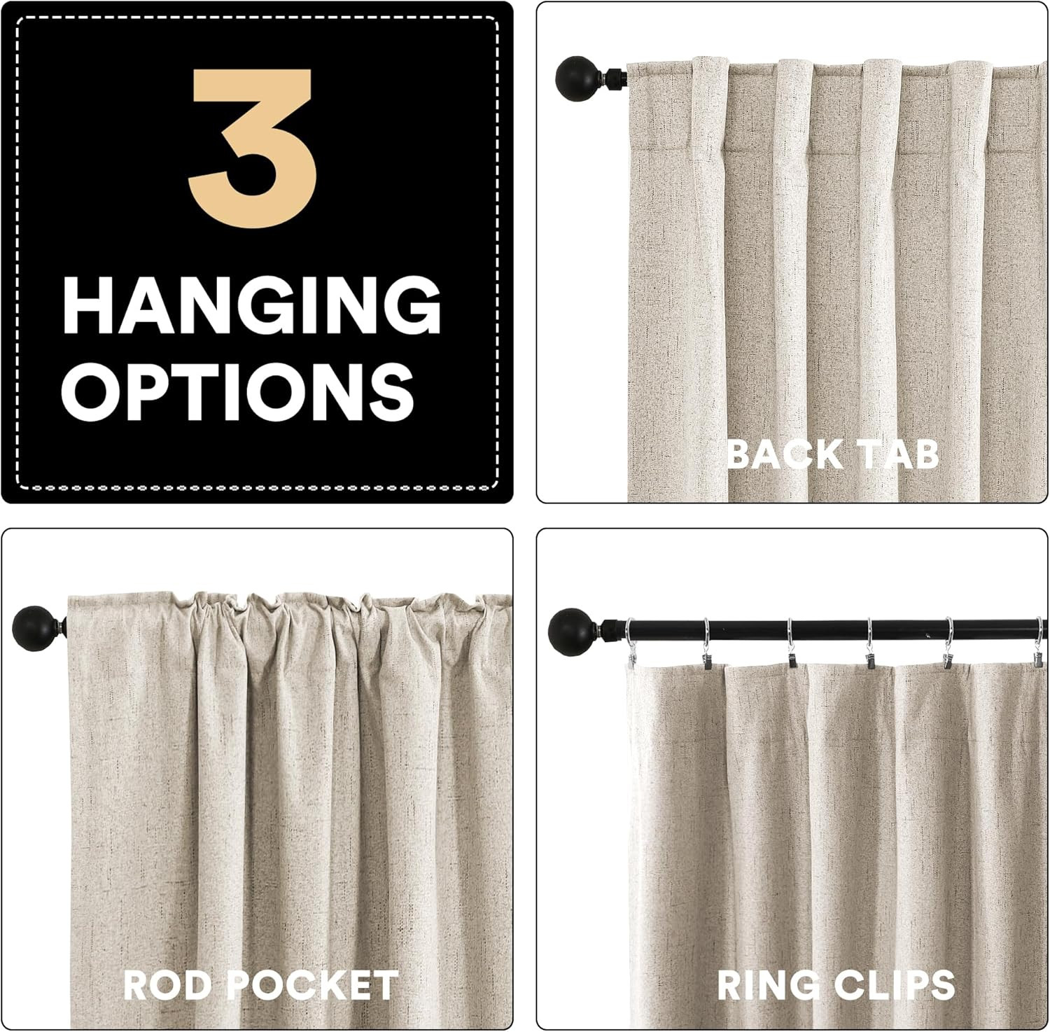 100% Blackout Curtains for Bedroom Farmhouse Linen Curtains 63 Inch Long Back Ta