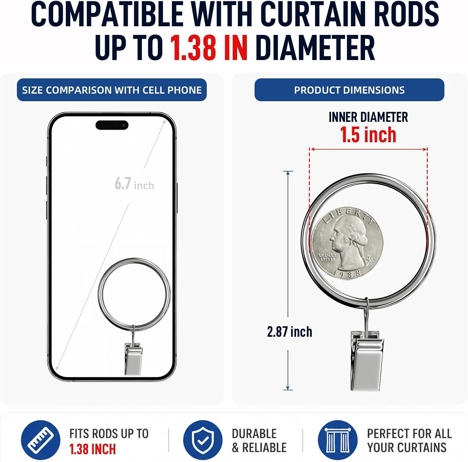 44 Pack Curtain Rings with Clips Hooks 1.5 in Diameter Rustproof | Metal Stainle