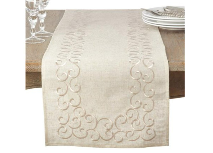 SARO 493.N1672B 16 X 72 in. Rectangular Embroidered Swirl Design Linen Blend Tab