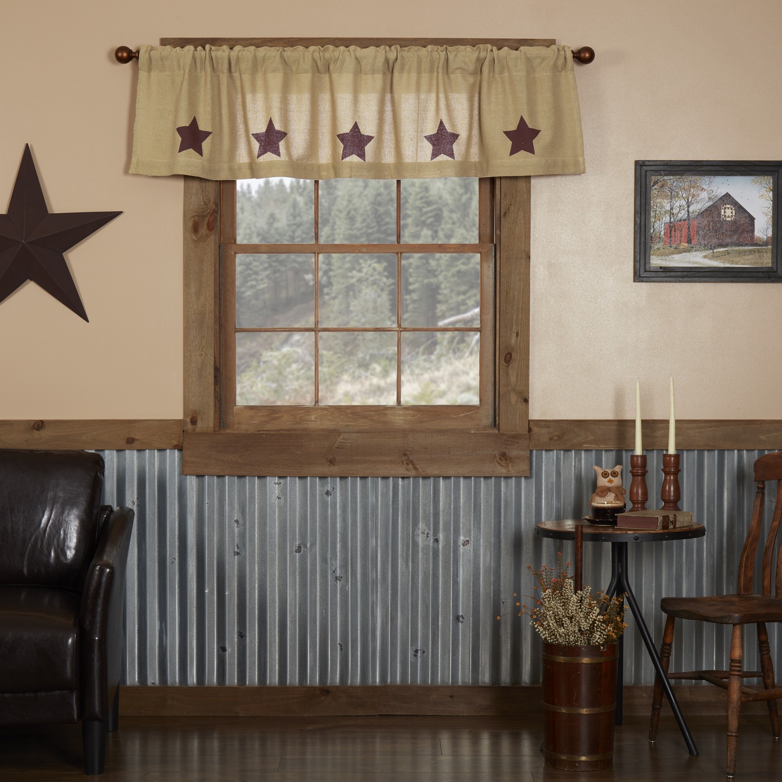 VHC Brands Primitive 16″x72″ Stars Valance Tan Rod with Kitchen Window Curtains