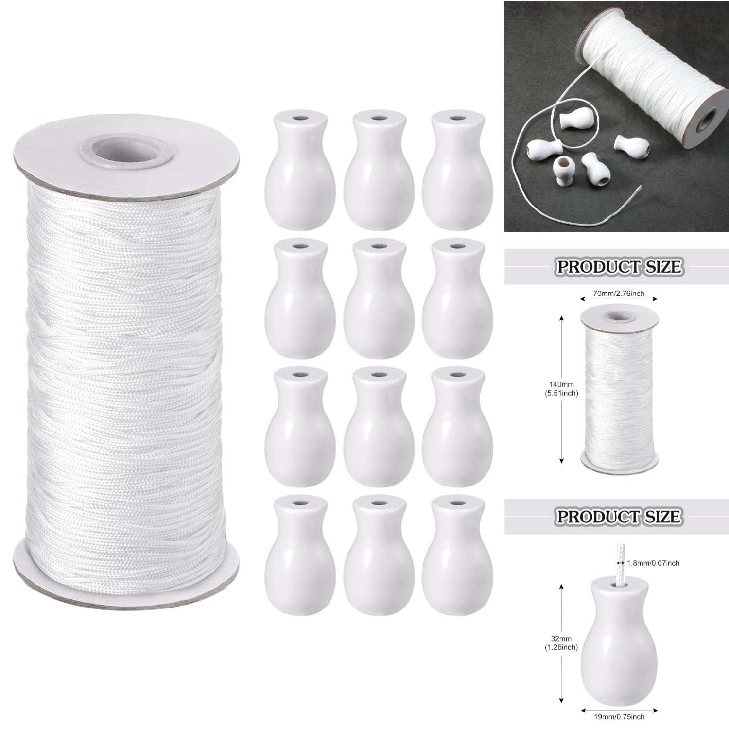 110 Yards Braided 1.8mm Blind Cord with 12 Wood Pull Cord Knobs for Roman Shades