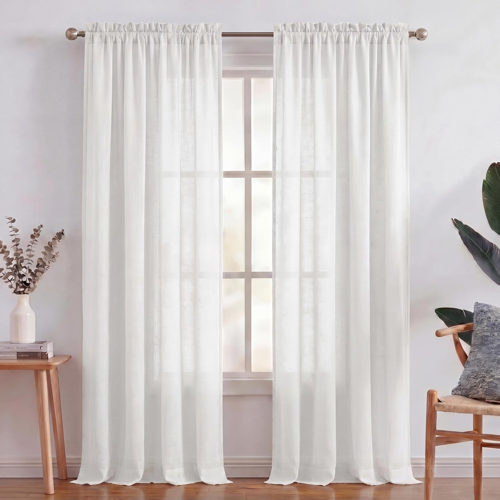White Linen Curtains 96 Inches Long Semi Sheer Curtains Light Filtering Linen…