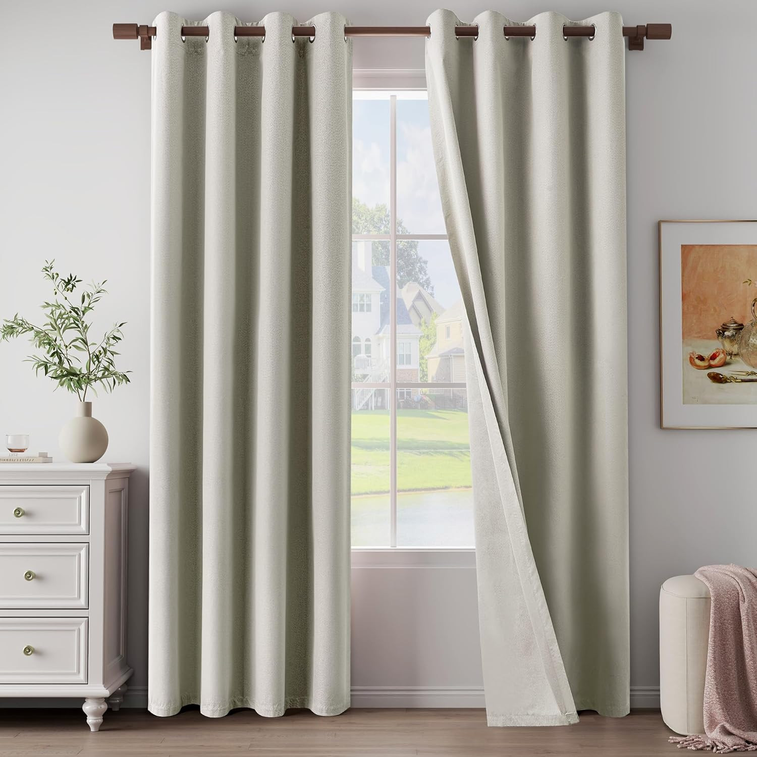 100% Blackout Linen Textured Curtains 84 Inch Length 2 Panels Set for Living Roo