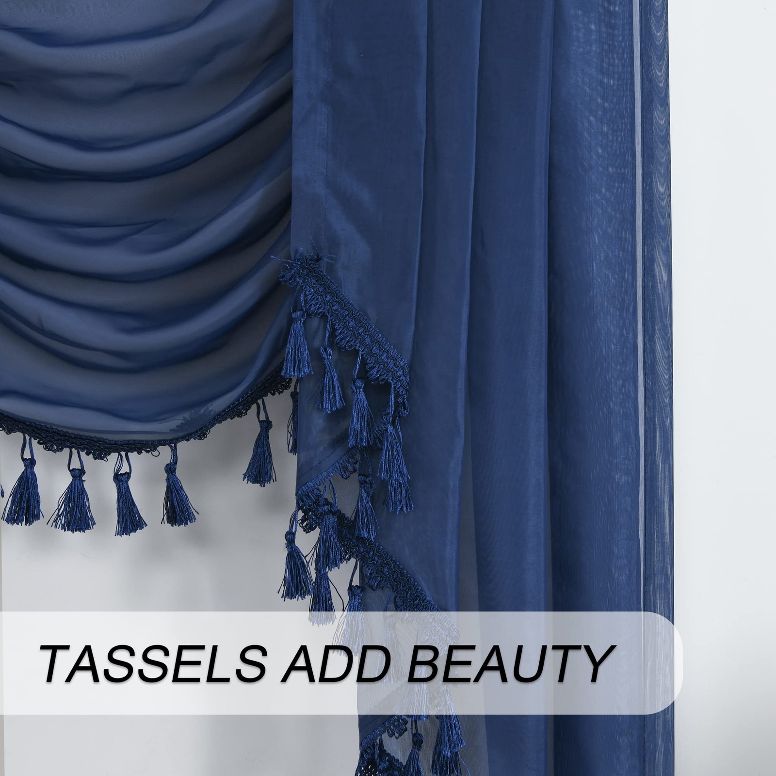 Oyring Navy Blue Waterfall Sheer Window Valances For Living Room Decor Tassels