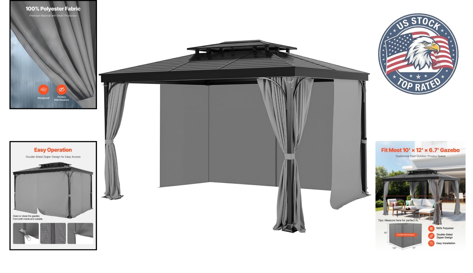 Universal 4-Panel Backyard Gazebo Curtains with Three-Section Ties – 12’ x 10’