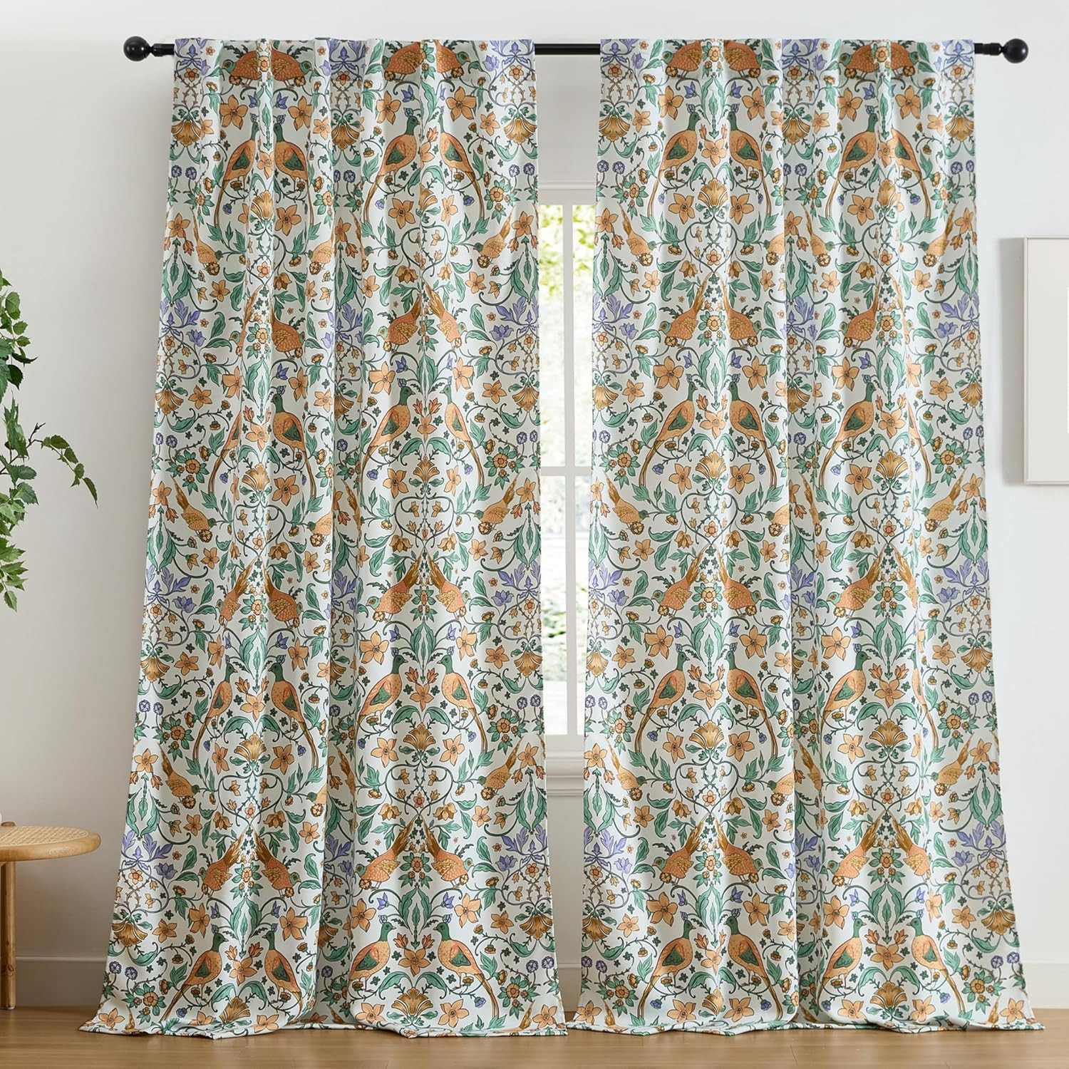 Florence Chinoiserie Whimsical Floral & Birds Patterned Window Back Tab Rod Pock