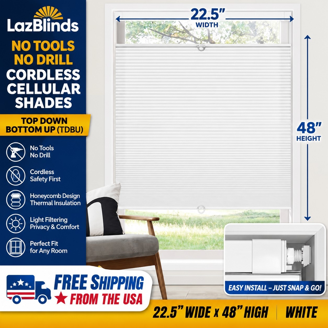 22.5 x 48″ Cordless Cellular Shades No Tools No Drill Blind for Windows LazBlind