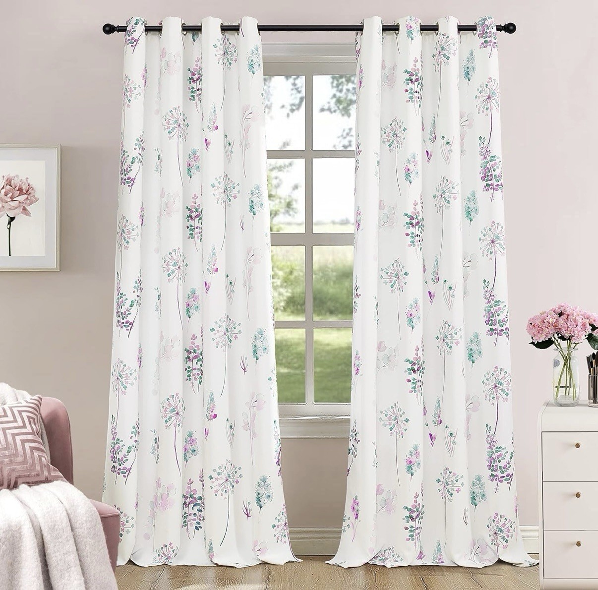 2 Panels Grommet Purple & Turquoise Floral Print Curtains, 52” X 84”