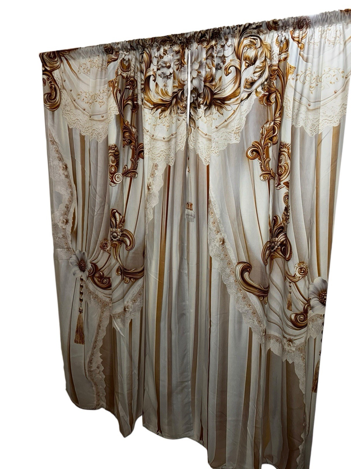 2 Cream Gold Window Curtain Panels 81×49 Floral Lace Print Rod Pocket