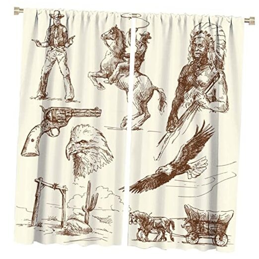Cowboy Blackout Curtain, Retro Western Desert 26″W x 84″L (Pack of 2) Style-3