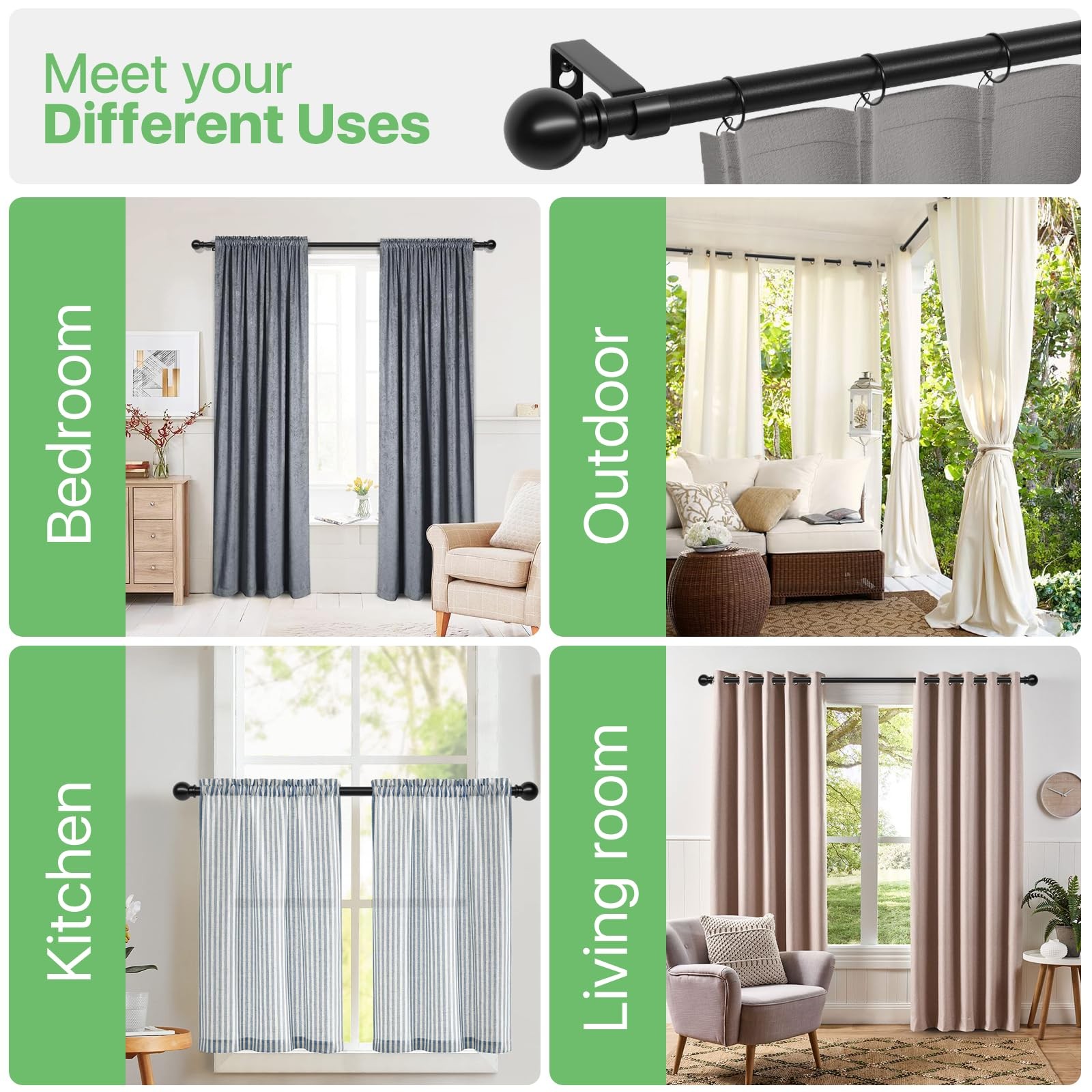 Curtain Rods For Windows 28 To 48 Inch, 5/8 Inch Black Curtain Rod Set With