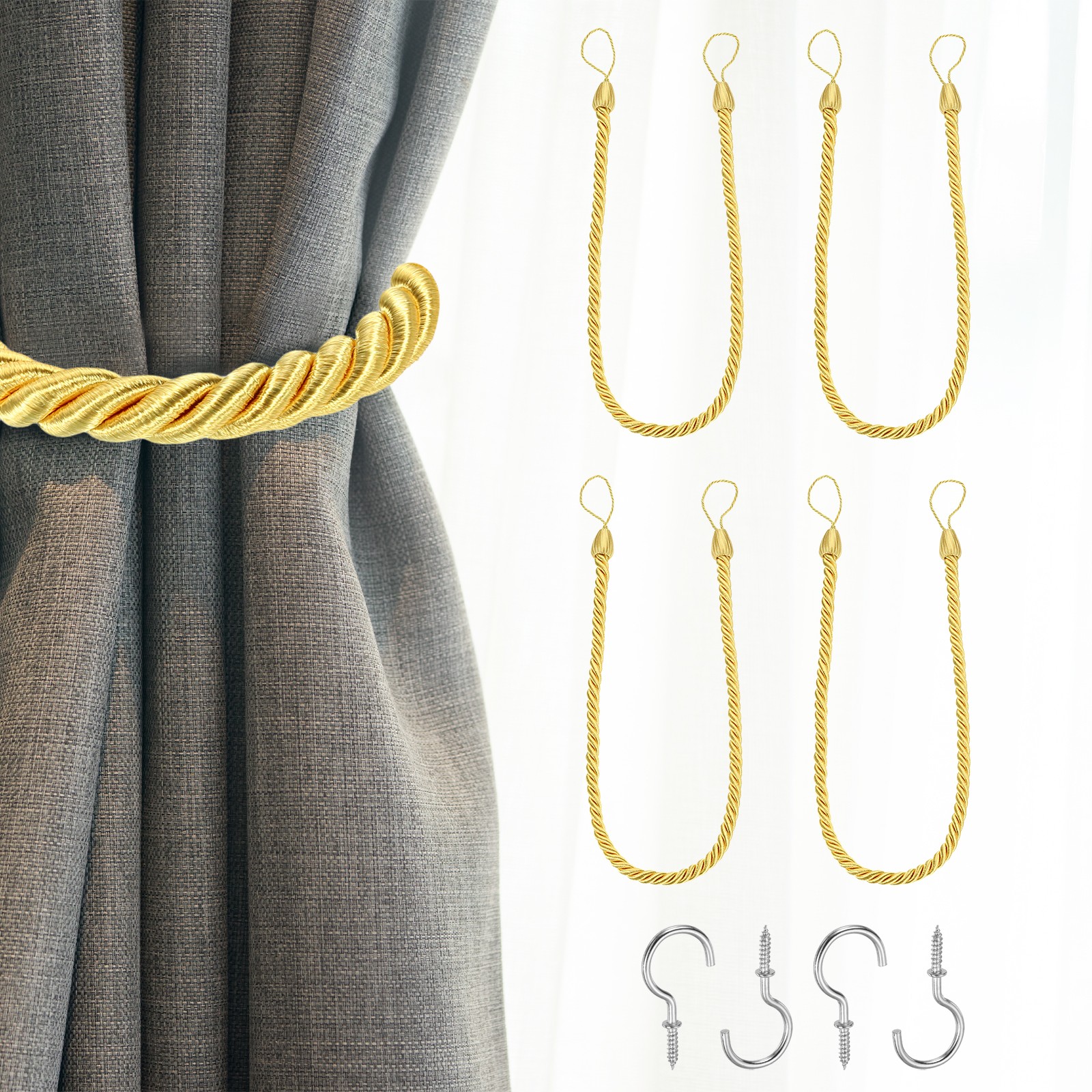 4Pack Curtain Tiebacks, 74cm/29″ Braided Drapery Holdback with Hook, Gold