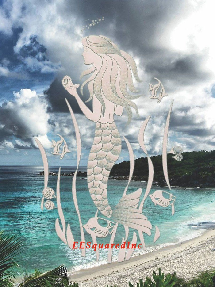 Mermaid Static Cling Window Decal OVAL 15×23 Tropical Decor for Glass Doors