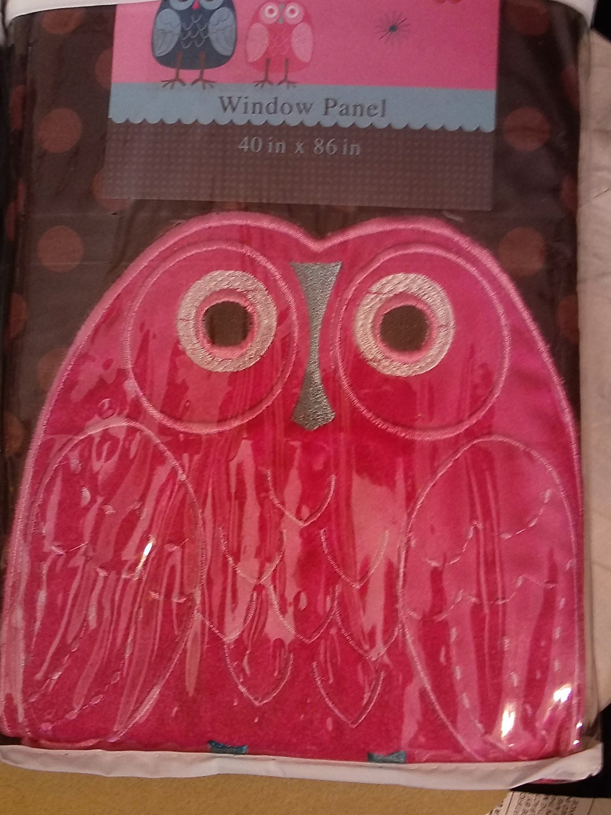 2 WINDOW PANELS~CHOCOLATE BROWN W/LIGHT BROWN POLKA DOTS~PINK OWL~NEW~40 X 86