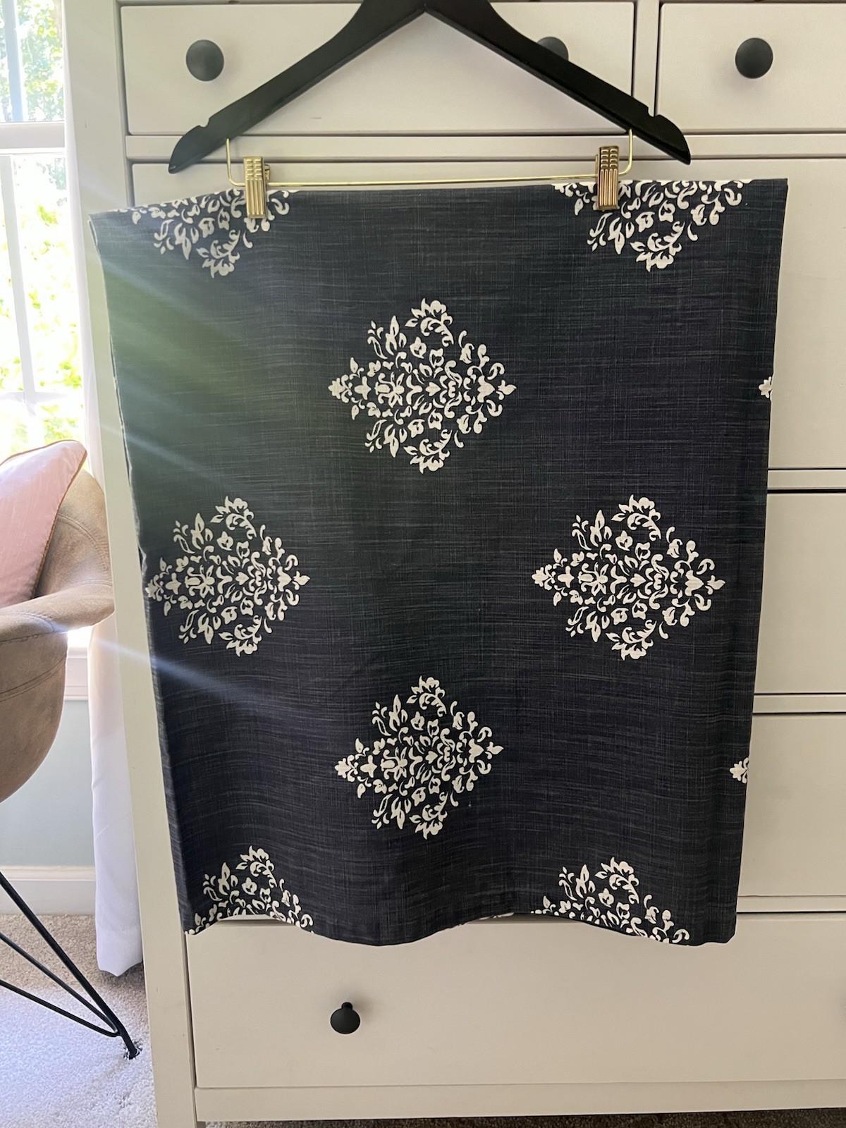 Tahari Curtain Panels (2) Denim Blue White Damask Print 92×52 Drapes 100% cotton