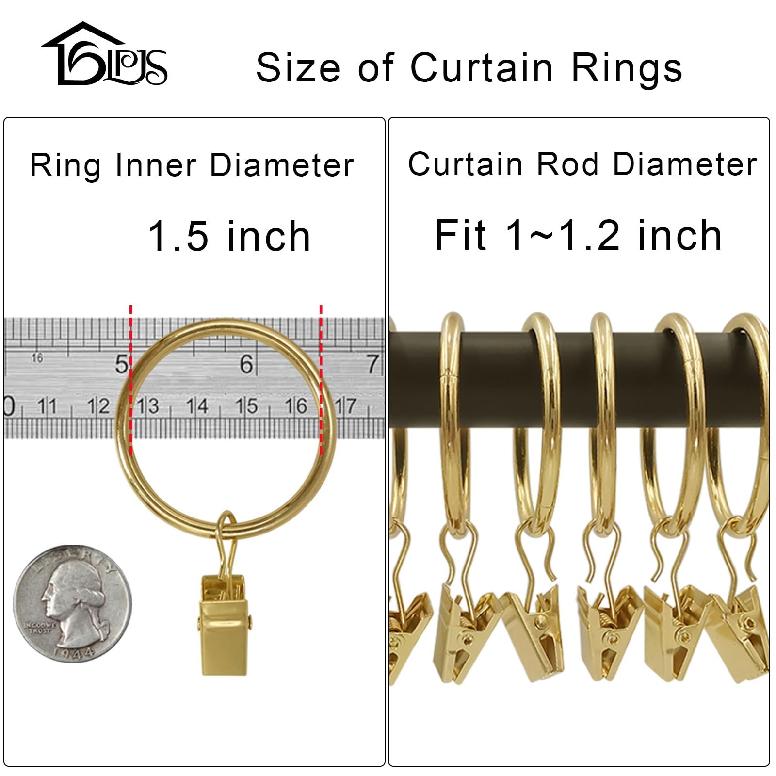 40 Pack Curtain Rings w/ Clips 1.5in Metal Drapery Hooks Gold