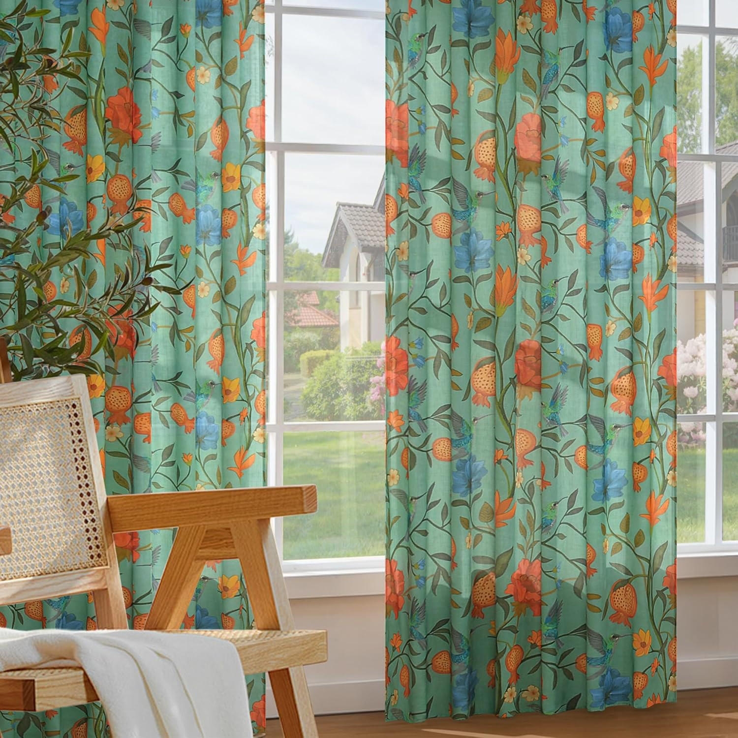 Green Boho Floral Linen Curtains Whimsical Semi Sheer Botanical Block Print Cot