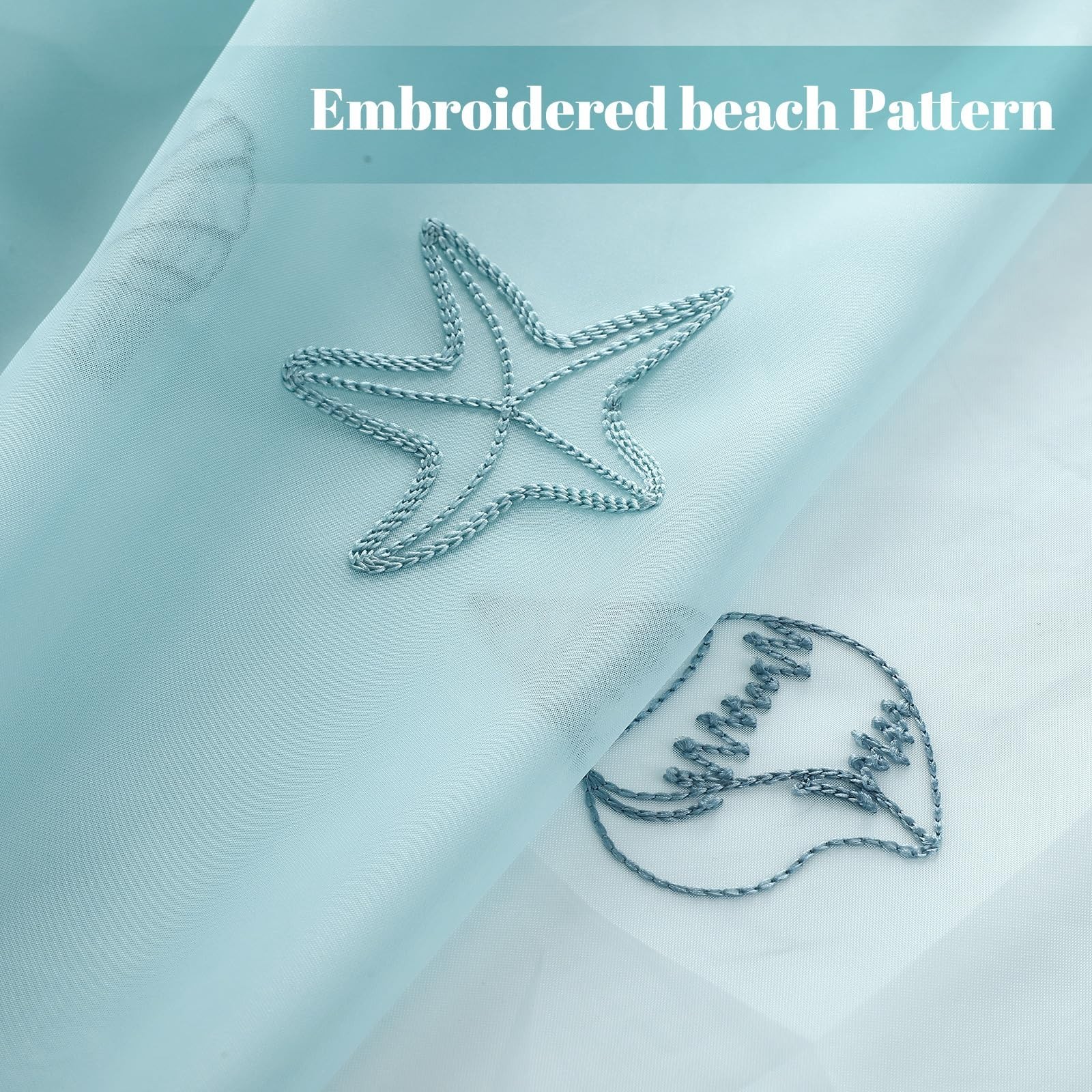Coastal Beach Sheer Curtains 84″ Long, Embroidered Voile Window Decor for Kids’