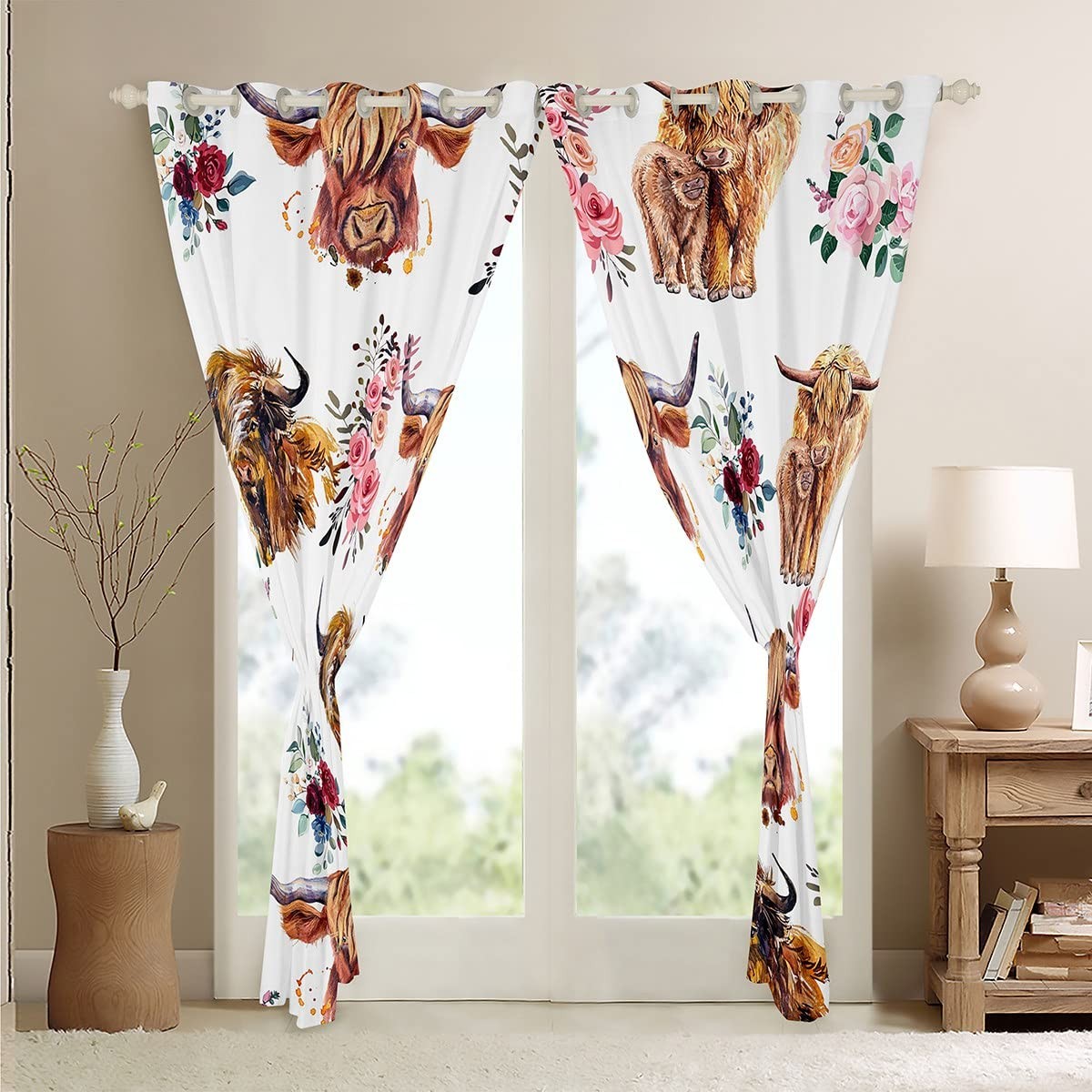 Highland Cow Darkening Drapes Girls Cute Highland Cattle Blackout Curtains Pi…