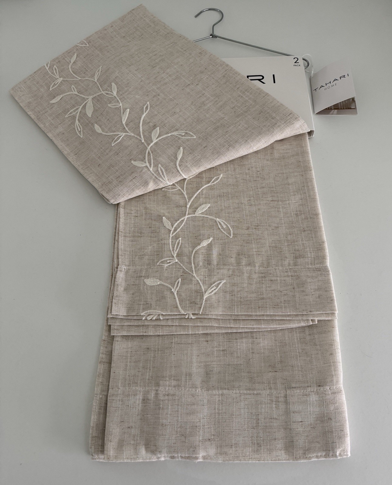 New TAHARI Window Curtains 2 Panels Beige 37 x 96 Linen Embroidered Back Tab