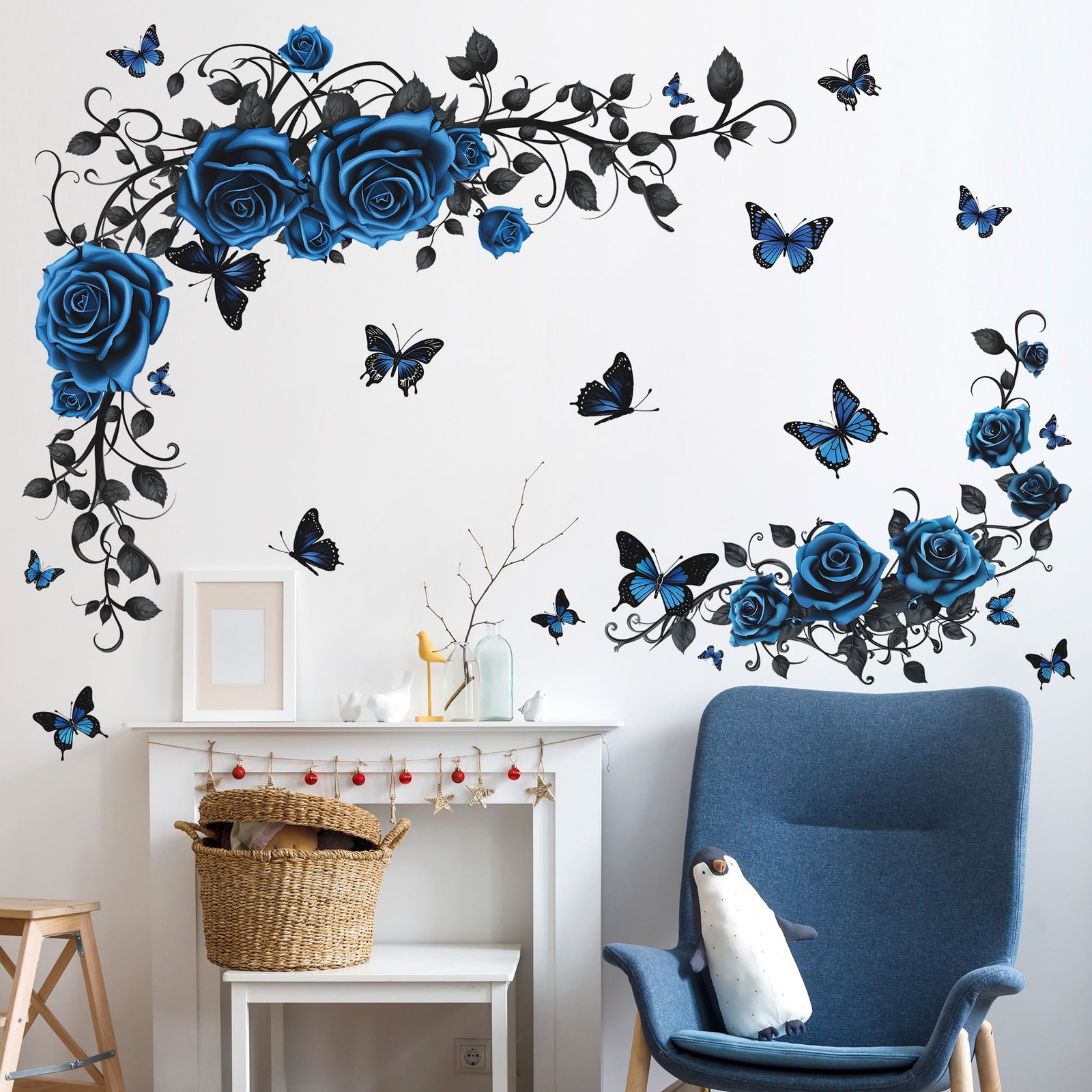 Removable Blue Floral Rose Wall Decor 3D Peel and Stick Flower Vine