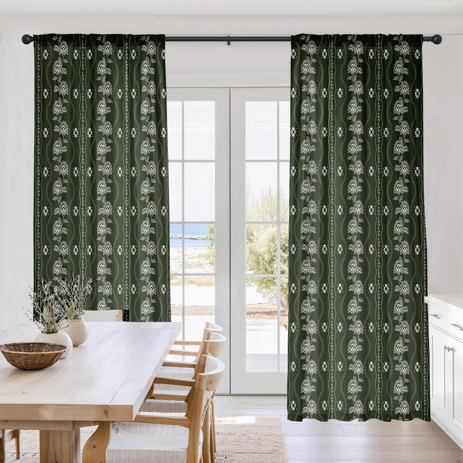 Green Floral Curtains 84 Inch Length 2 Panels Set Olive Green and White Vintage