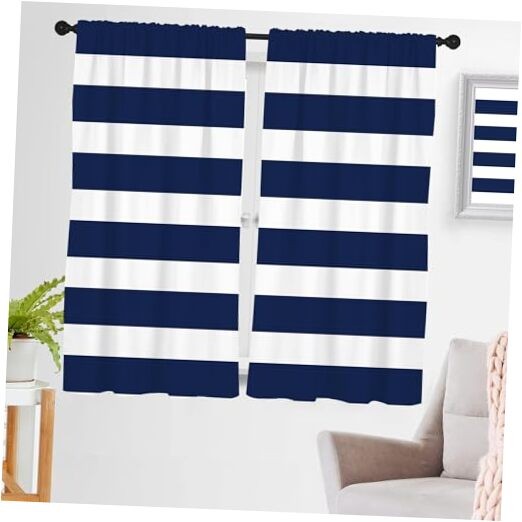 Window Curtain Striped Navy Modern Teen 42″W x 63″L (Pack of 2) Blue and White