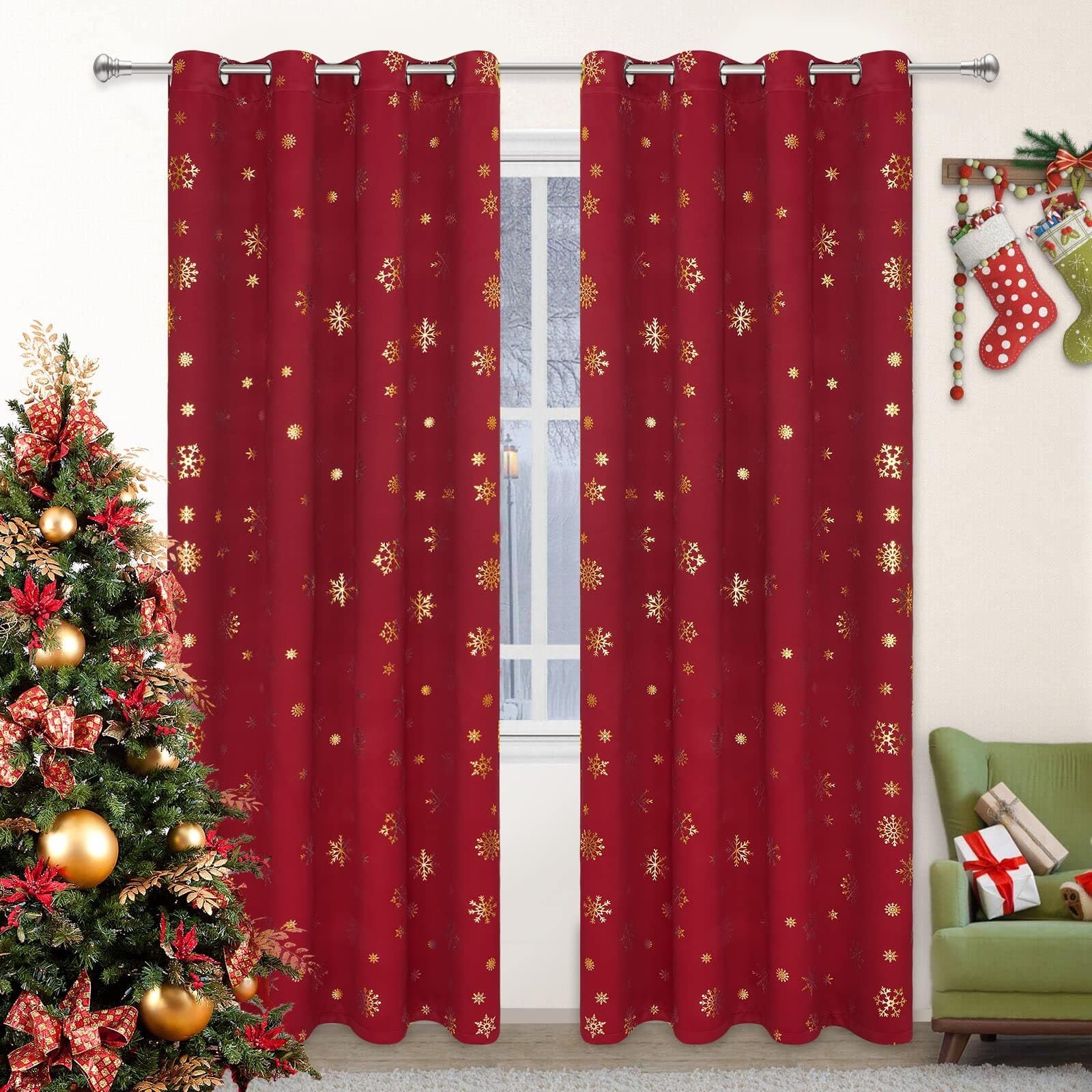 FRAMICS Gold Snowflake Foil Print Christmas Curtains, Thermal Insulated Black…