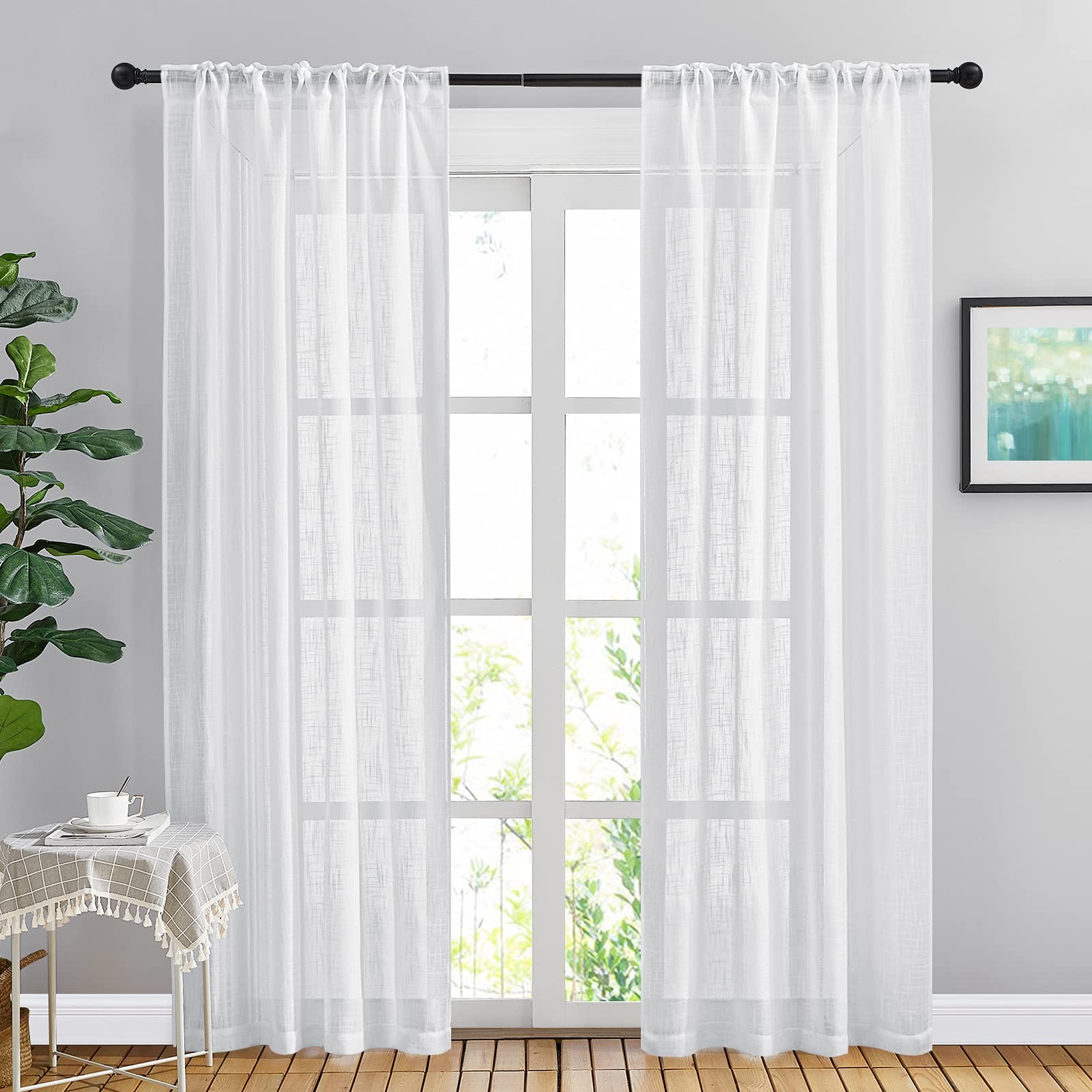 White Curtains 84 inches Long for Living Room, Rod Pocket & Back Tab Semi Sheer