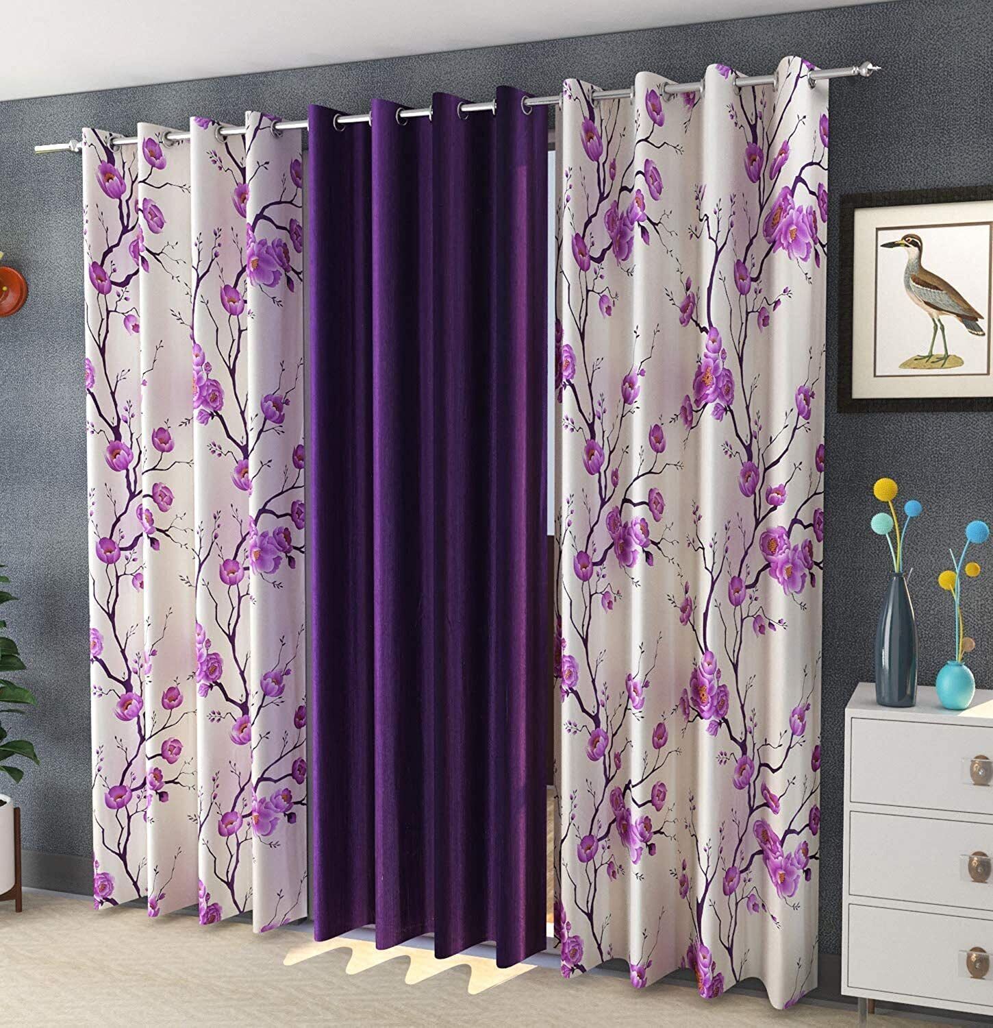 3 Piece Floral Printed Eyelet Grommet Ringtop Door Window Curtain Set 5 7 9 Feet