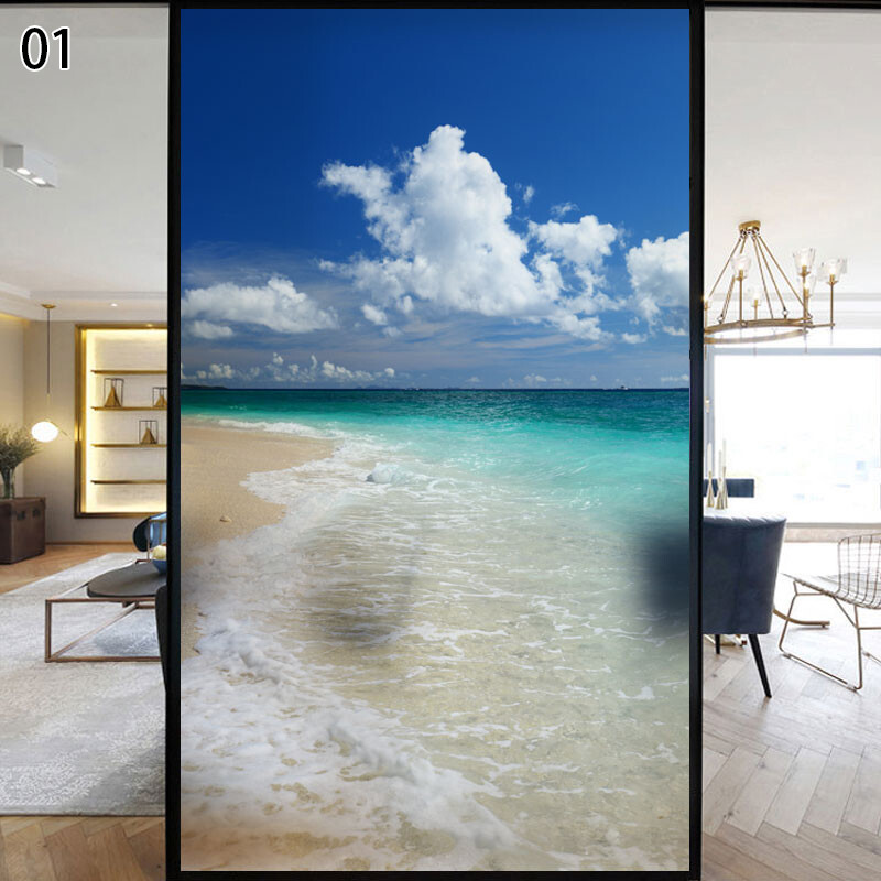 Wave Beach Static Privacy Frosted Stained Window Film Flower Glass Sticker Decor