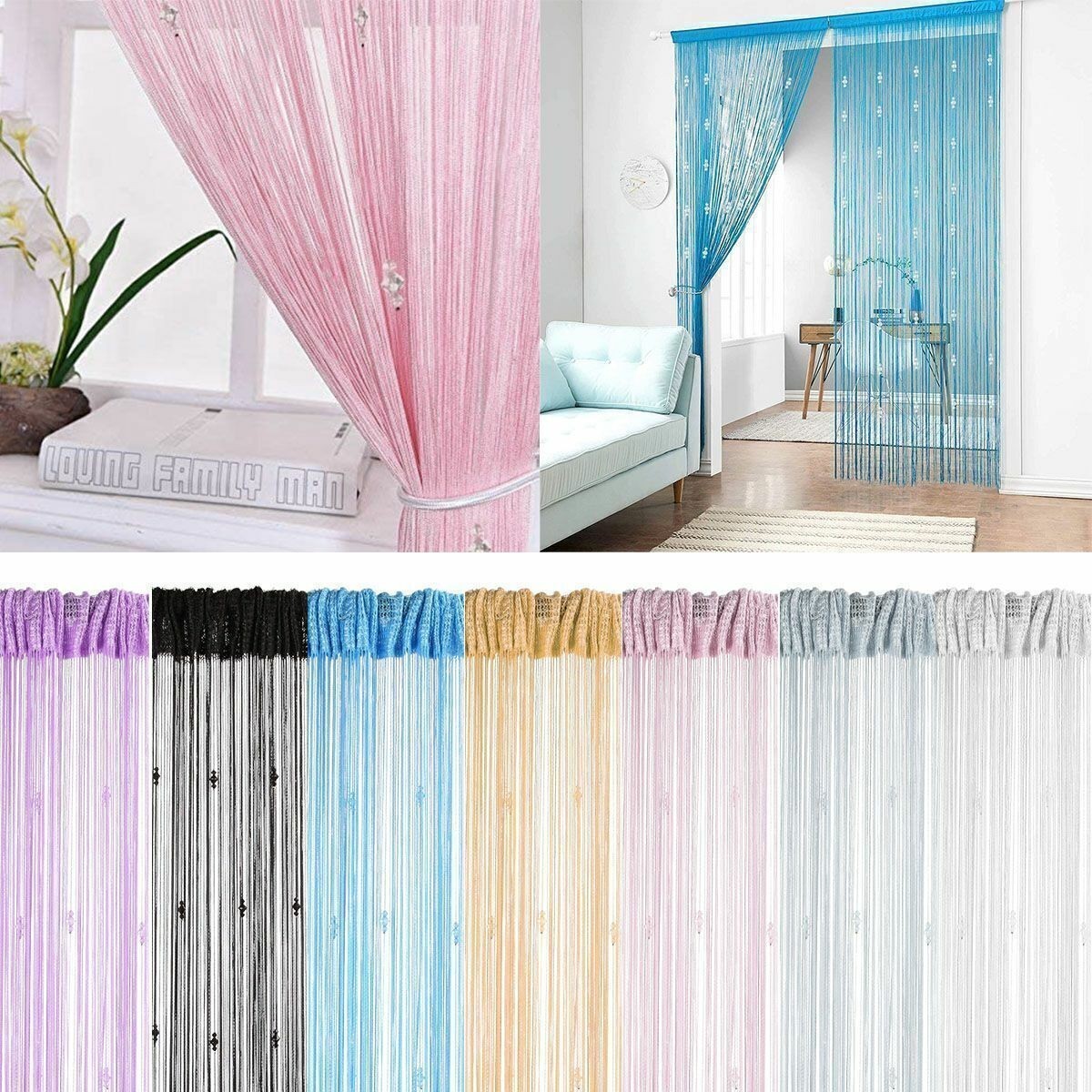 String Door Curtain Crystal Beads Room Divider Tassel Fringe Window Panel Beaded