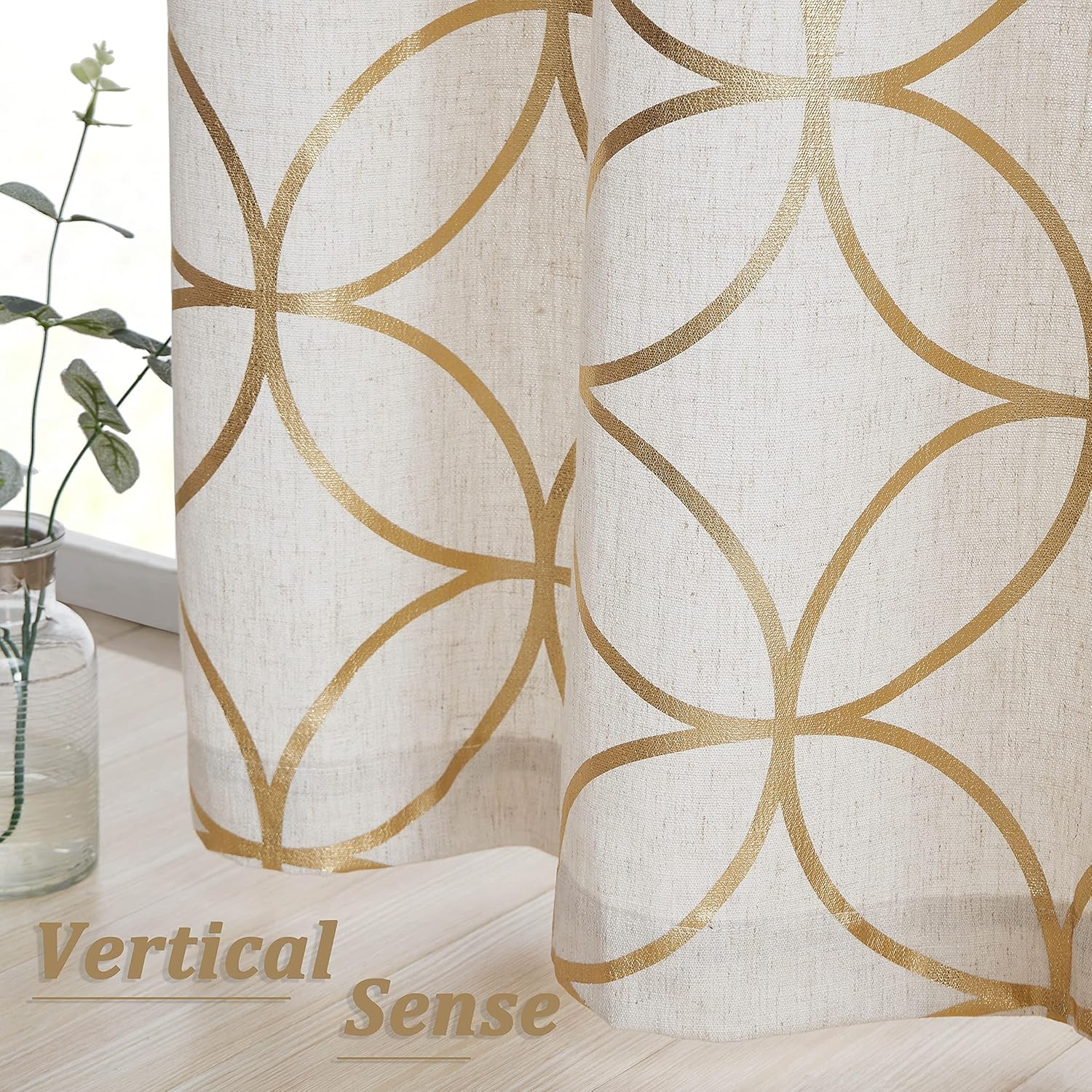 Gold Foil Print Linen Curtains Metallic Moroccan Cream Semi Sheer Curtains for