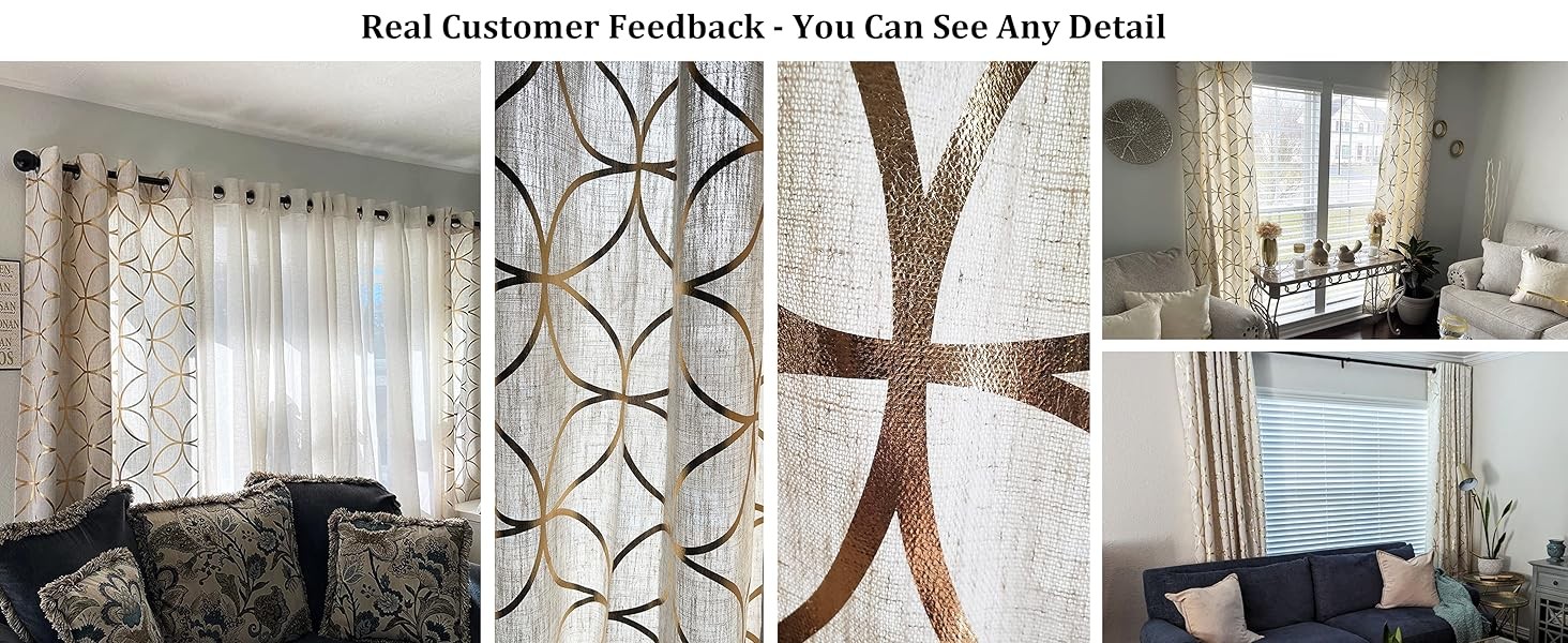 Gold Foil Print Linen Curtains Metallic Moroccan Cream Semi Sheer Curtains for