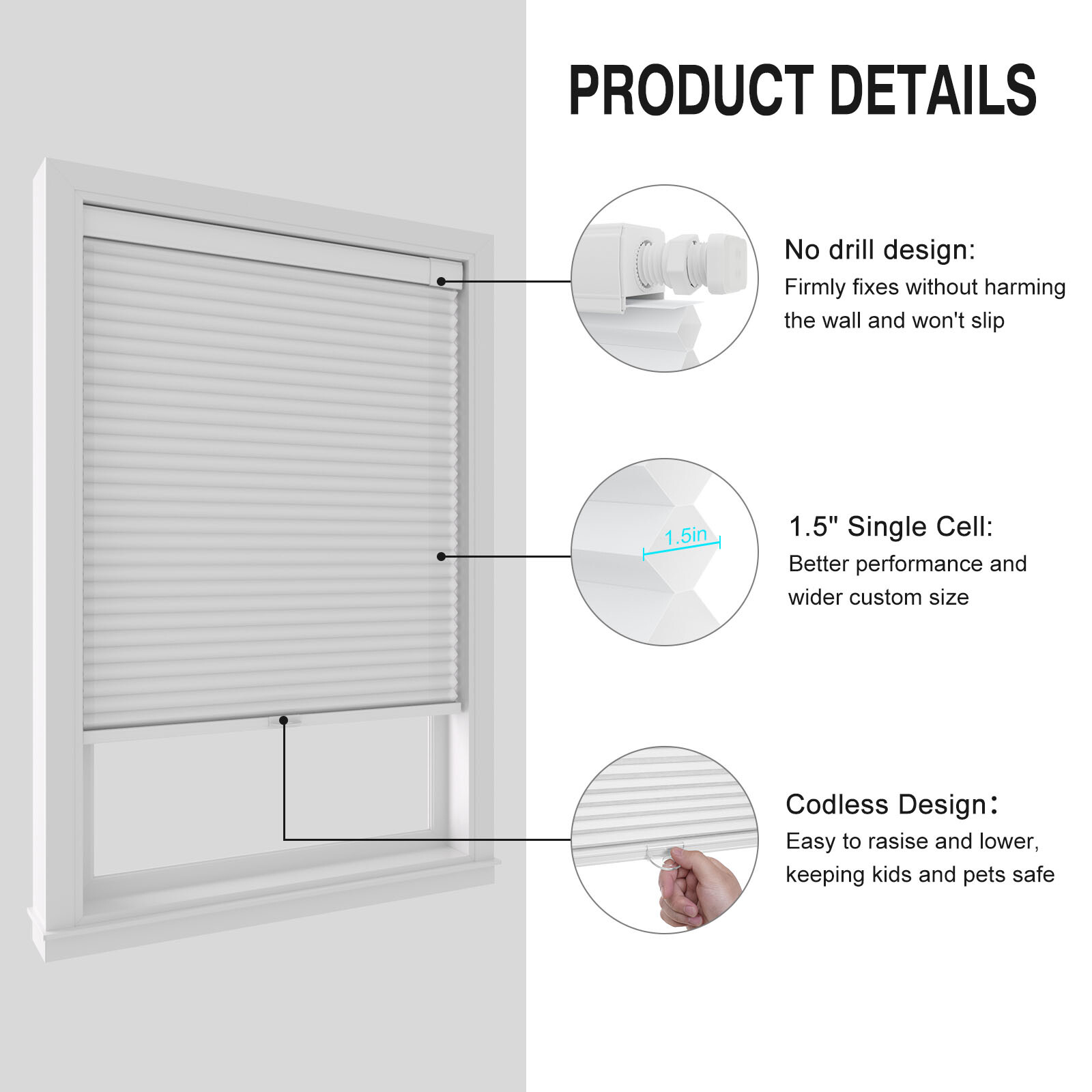 Cordless Light Filtering No Tools No Drill 1.5” Cellular Shades Honeycombs Blind