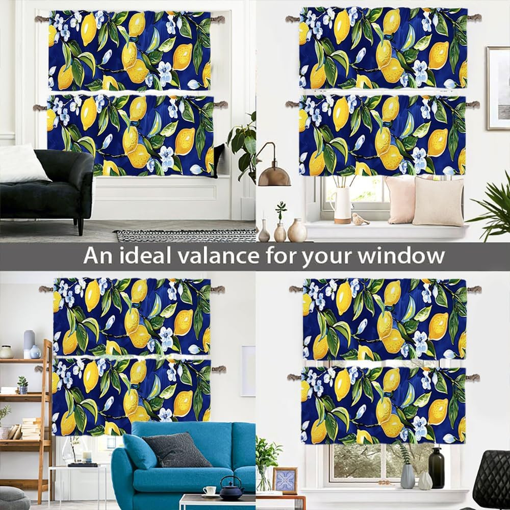 2 Panel Blue Floral Yellow Lemon Window Valances, Nature Food Fruit Window Treat