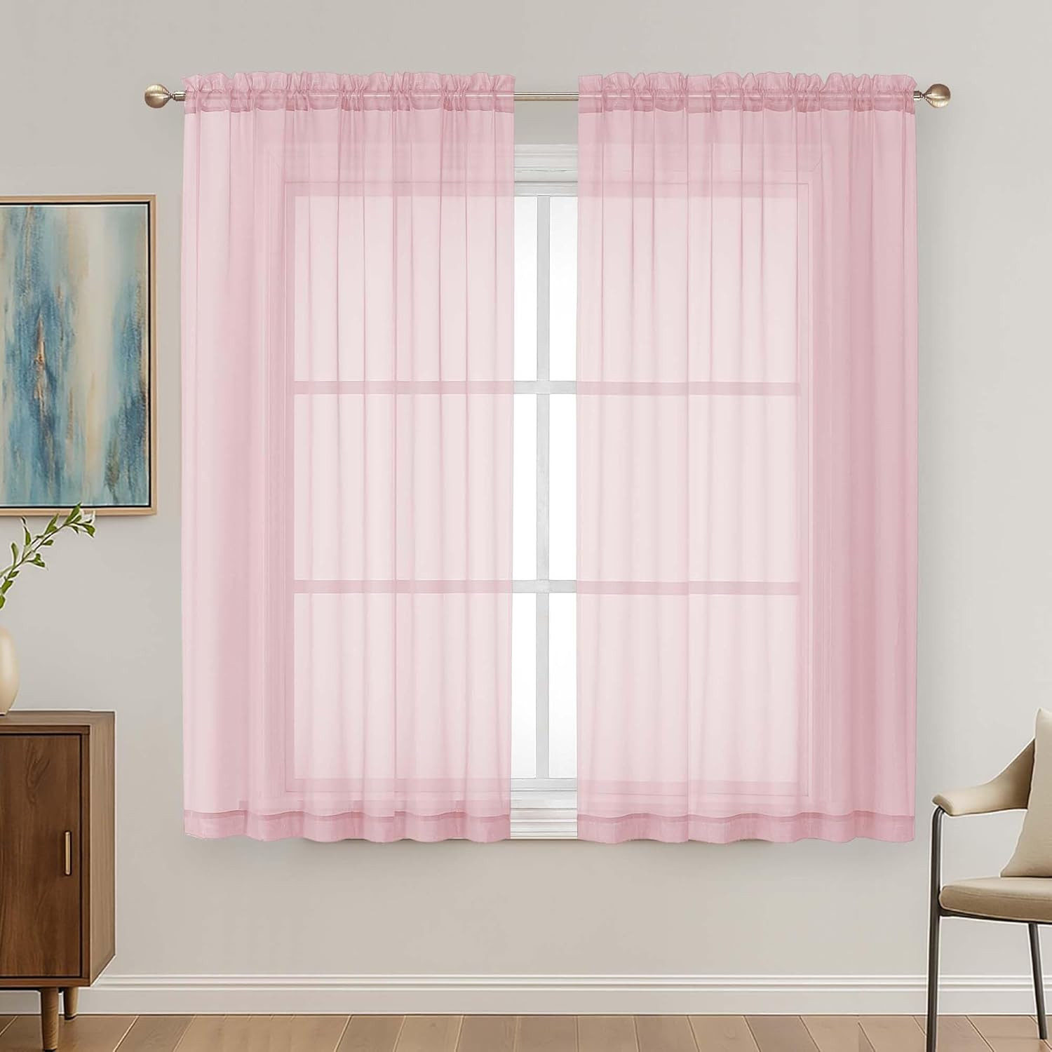 Blush Pink Sheer Curtains 63 Inches Long 2 Panels Set, Light Filtering Sheer Cur