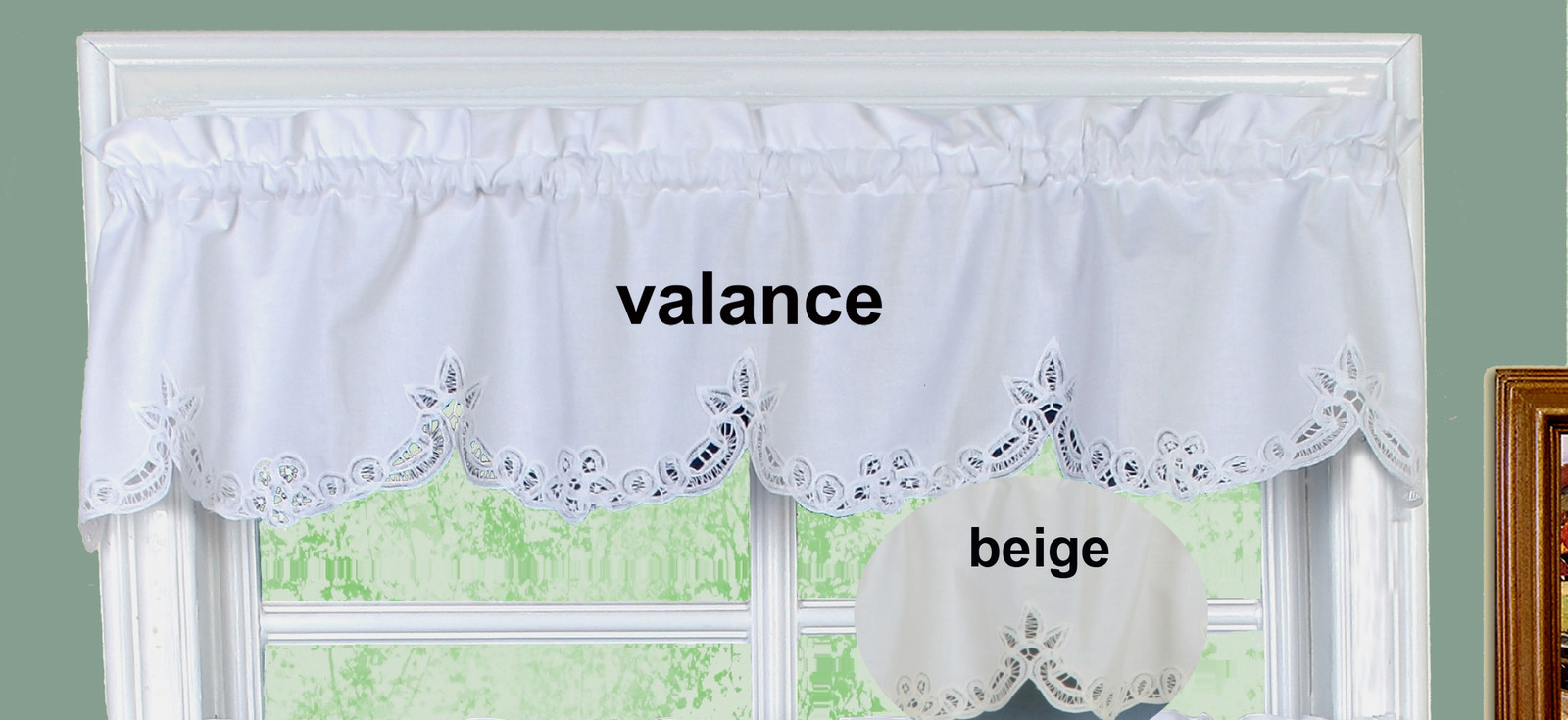Batteburg Kitchen Curtain Valance Tier Swag Beige White